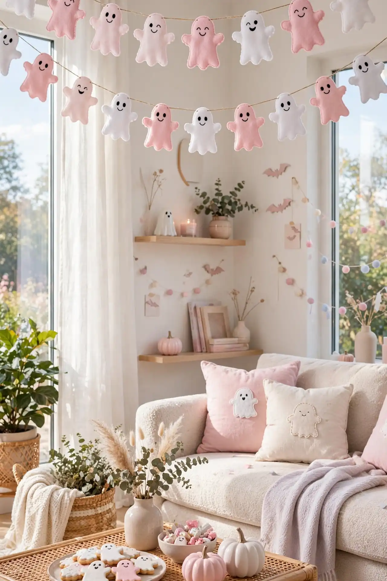 Pastel Ghost Garland for pink halloween decor ideas for living room