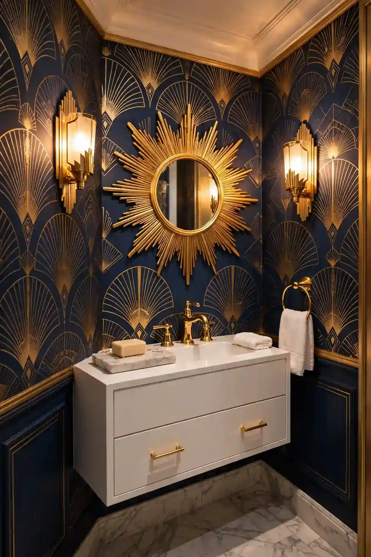 Art Deco Gold Details for powder room wallpaper ideas for small bathrooms