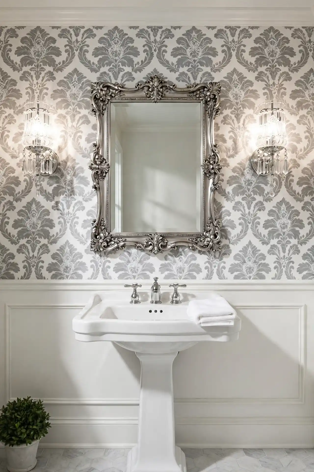 Classic Damask Charm for powder room wallpaper ideas for small bathrooms