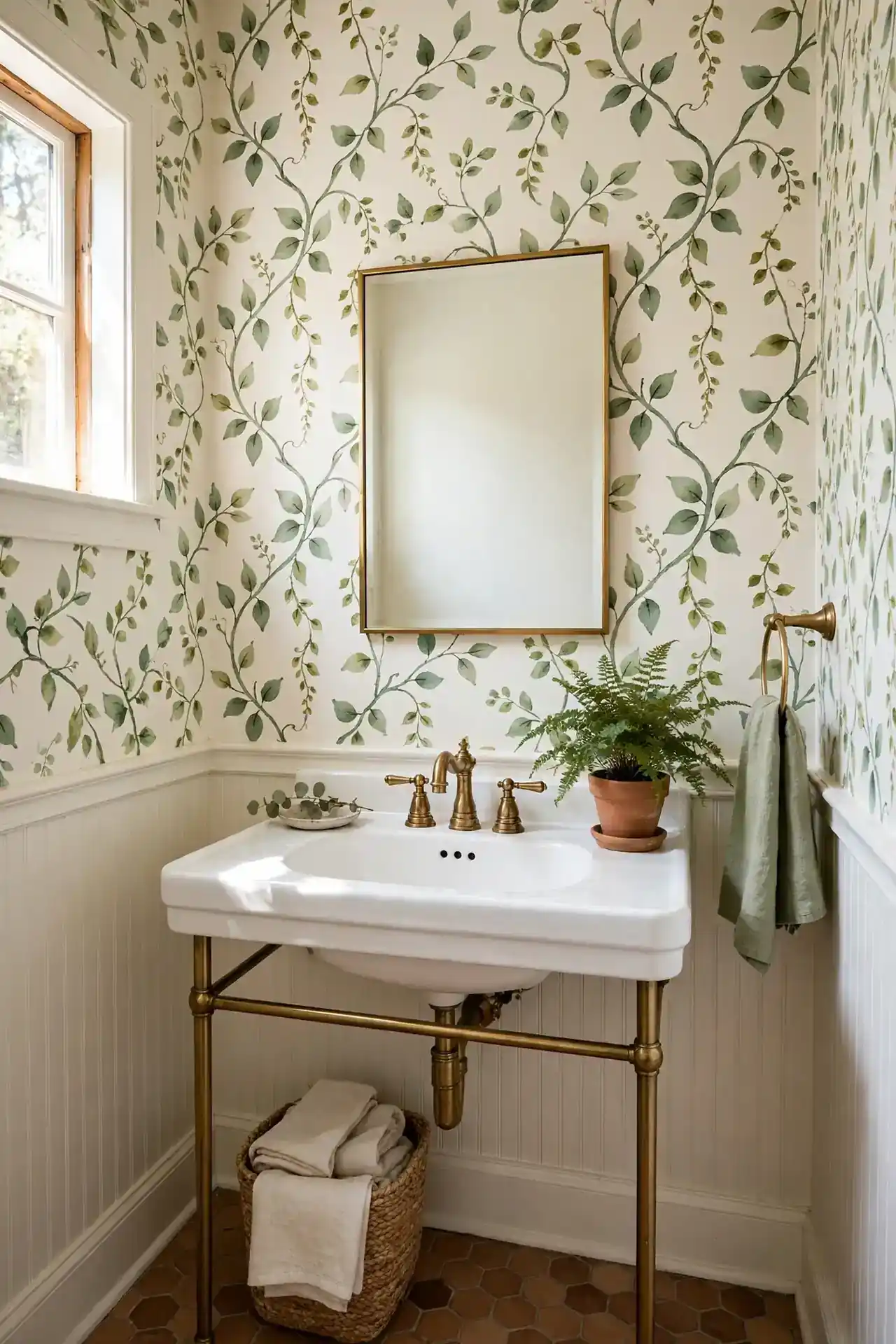 Delicate Hand Painted Vines for powder room wallpaper ideas for small bathrooms