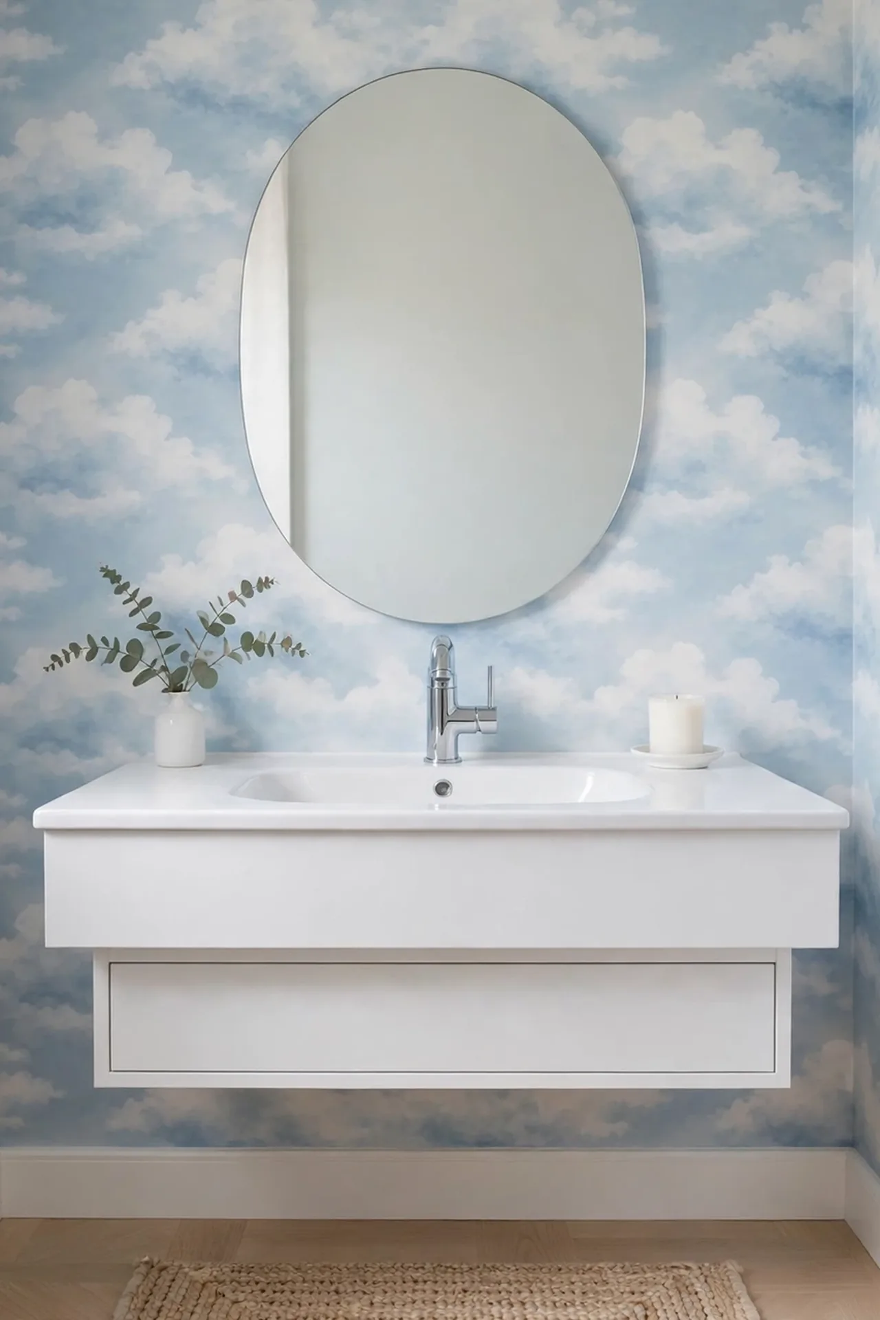 Serene Cloud Print Paper for powder room wallpaper ideas for small bathrooms