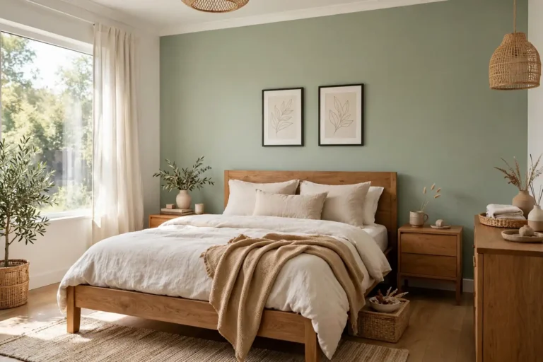 sage green bedroom ideas with wood furniture