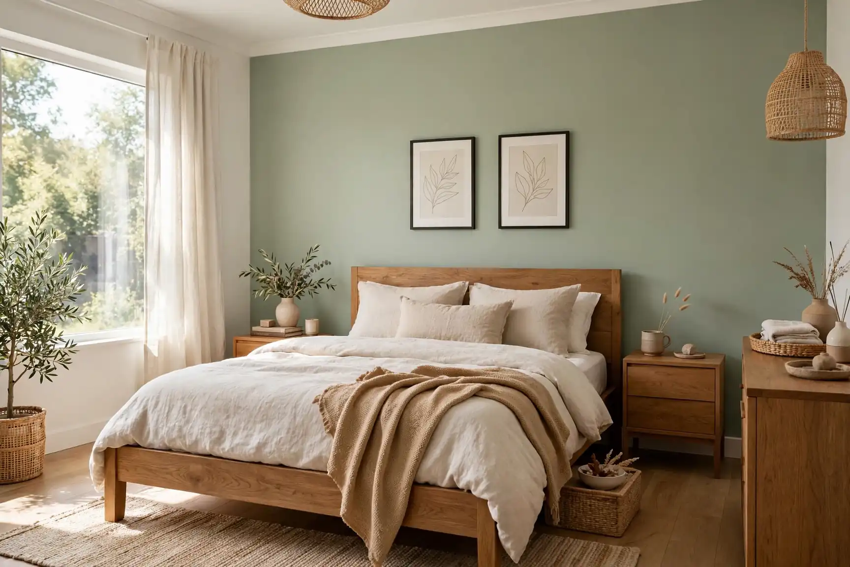 sage green bedroom ideas with wood furniture