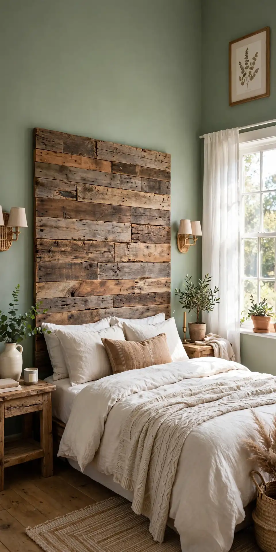 Reclaimed Wood Headboard - Sage Green Bedroom Ideas With Wood Furniture