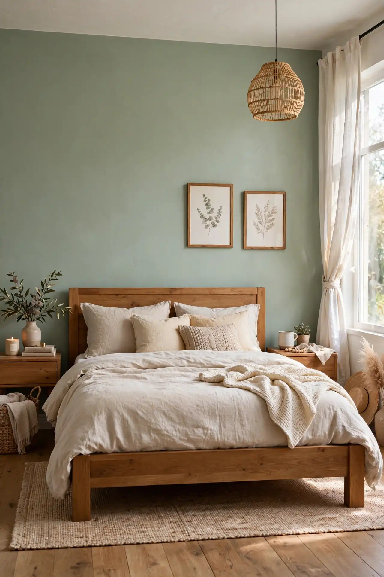 Sage Accent Wall for sage green bedroom ideas with wood furniture