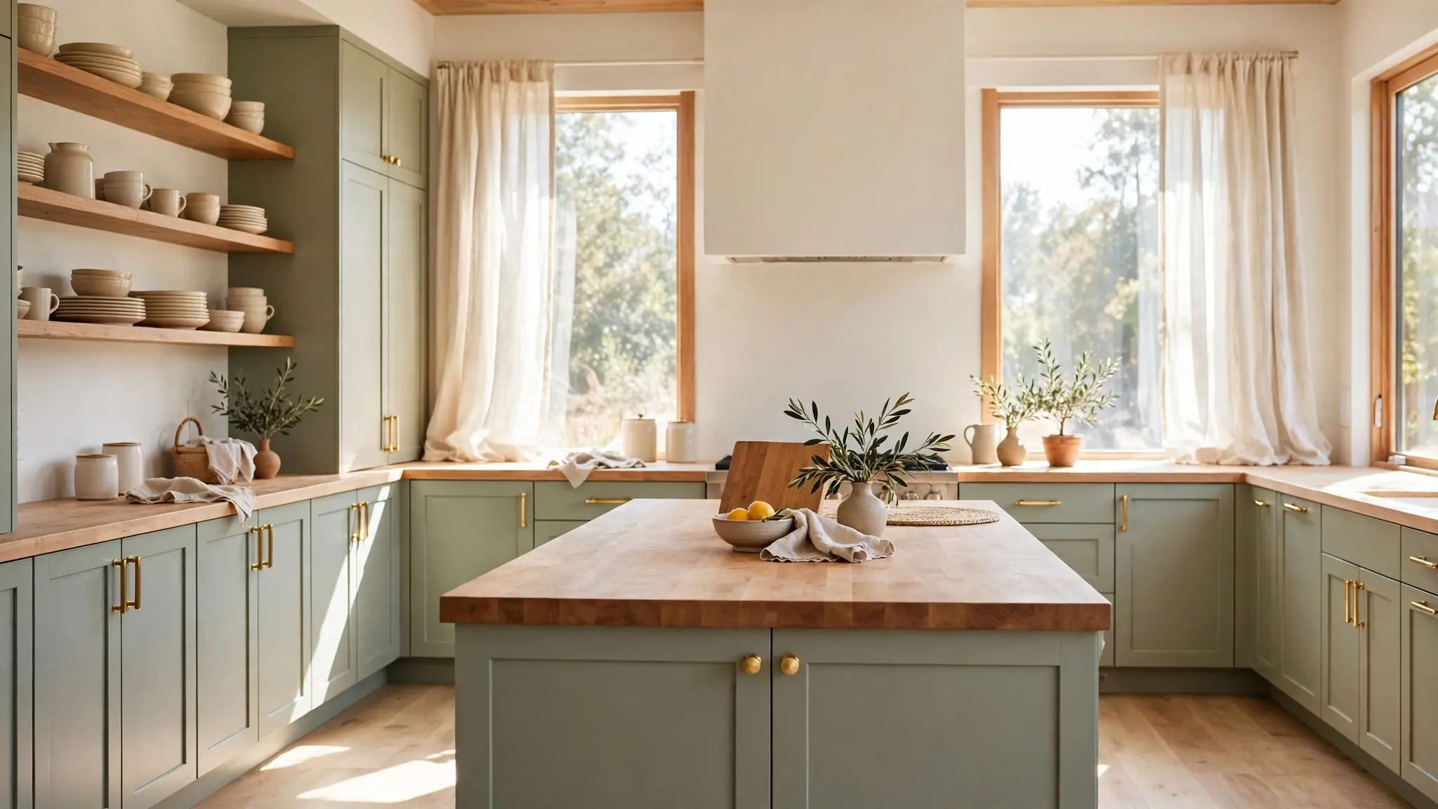 sage green kitchen decor with wood accents