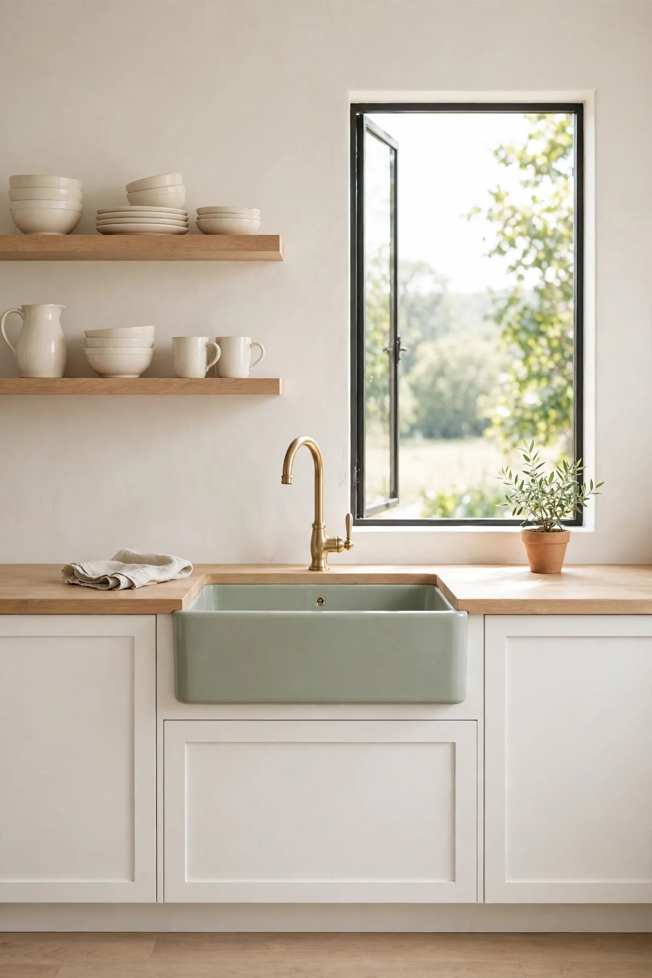 Sage Apron Sink for sage green kitchen decor with wood accents
