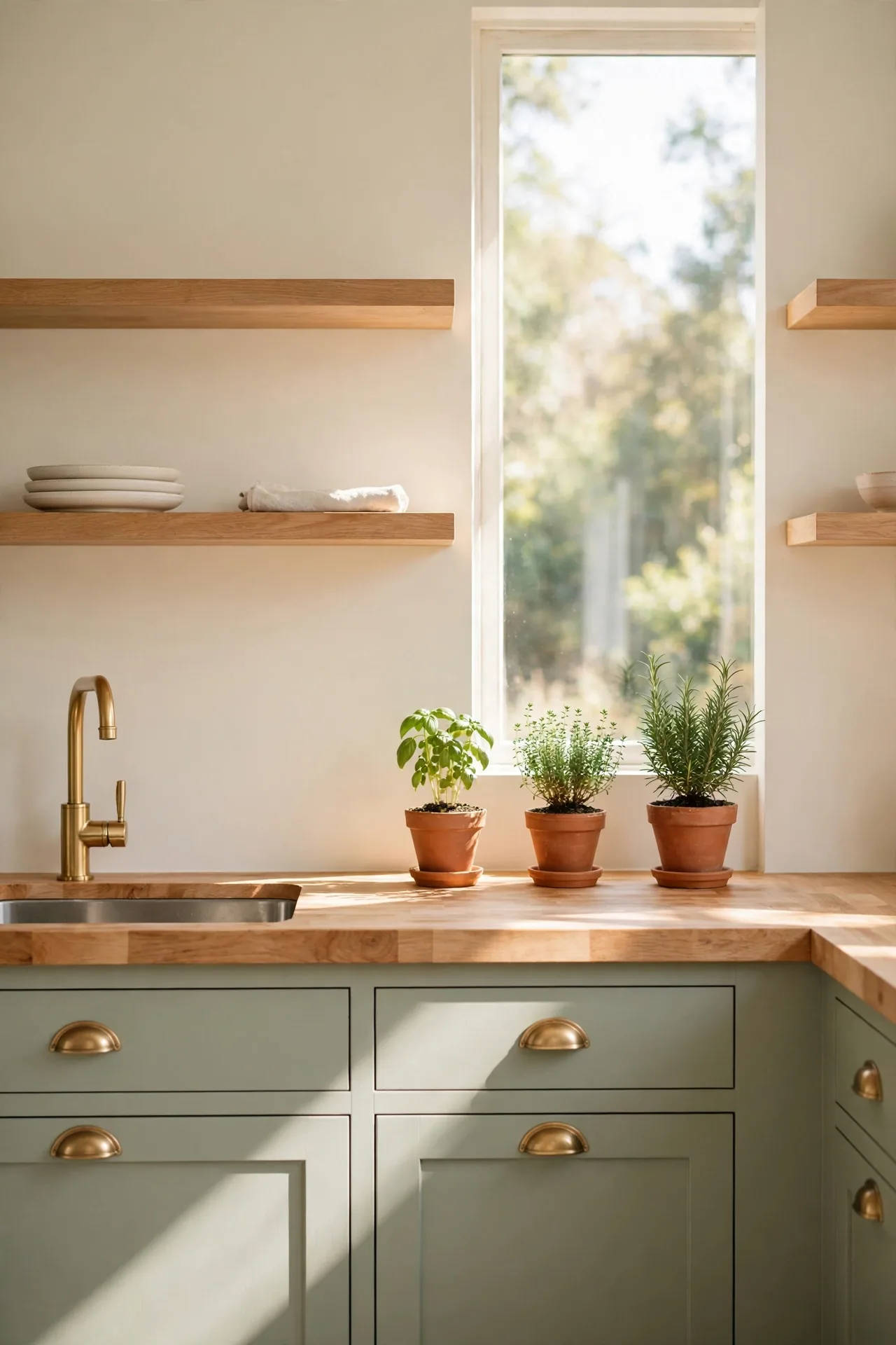 Sage Cabinet Color Wash for sage green kitchen decor with wood accents