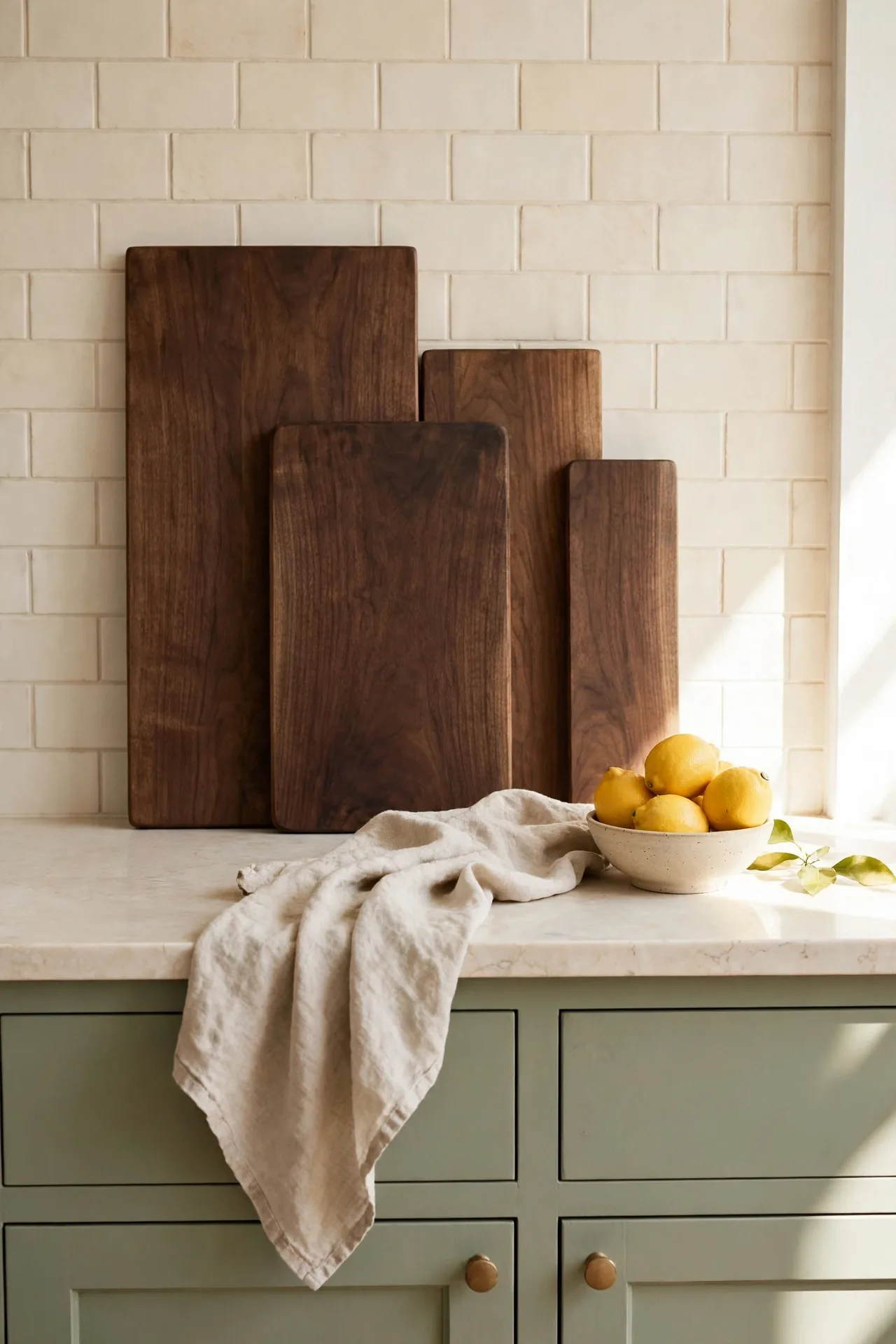 Walnut Cutting Boards for sage green kitchen decor with wood accents