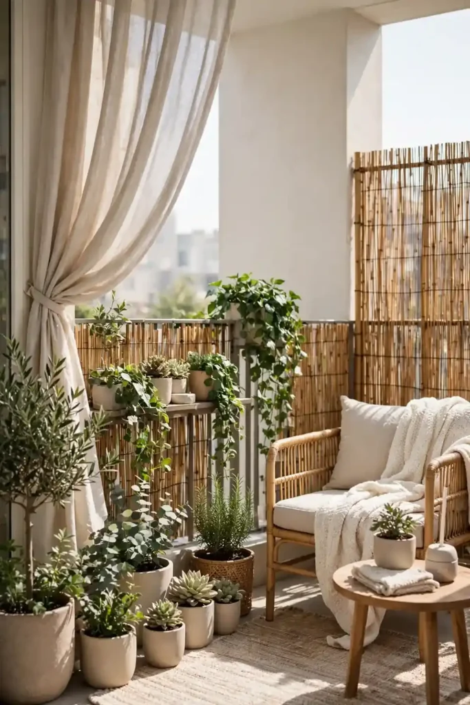 Stylish small balcony decor with privacy screens