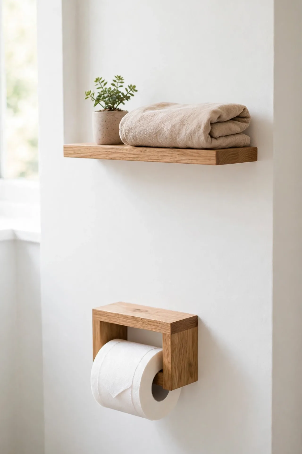 Oak Toilet Paper Holder for small bathroom decor with natural wood accents