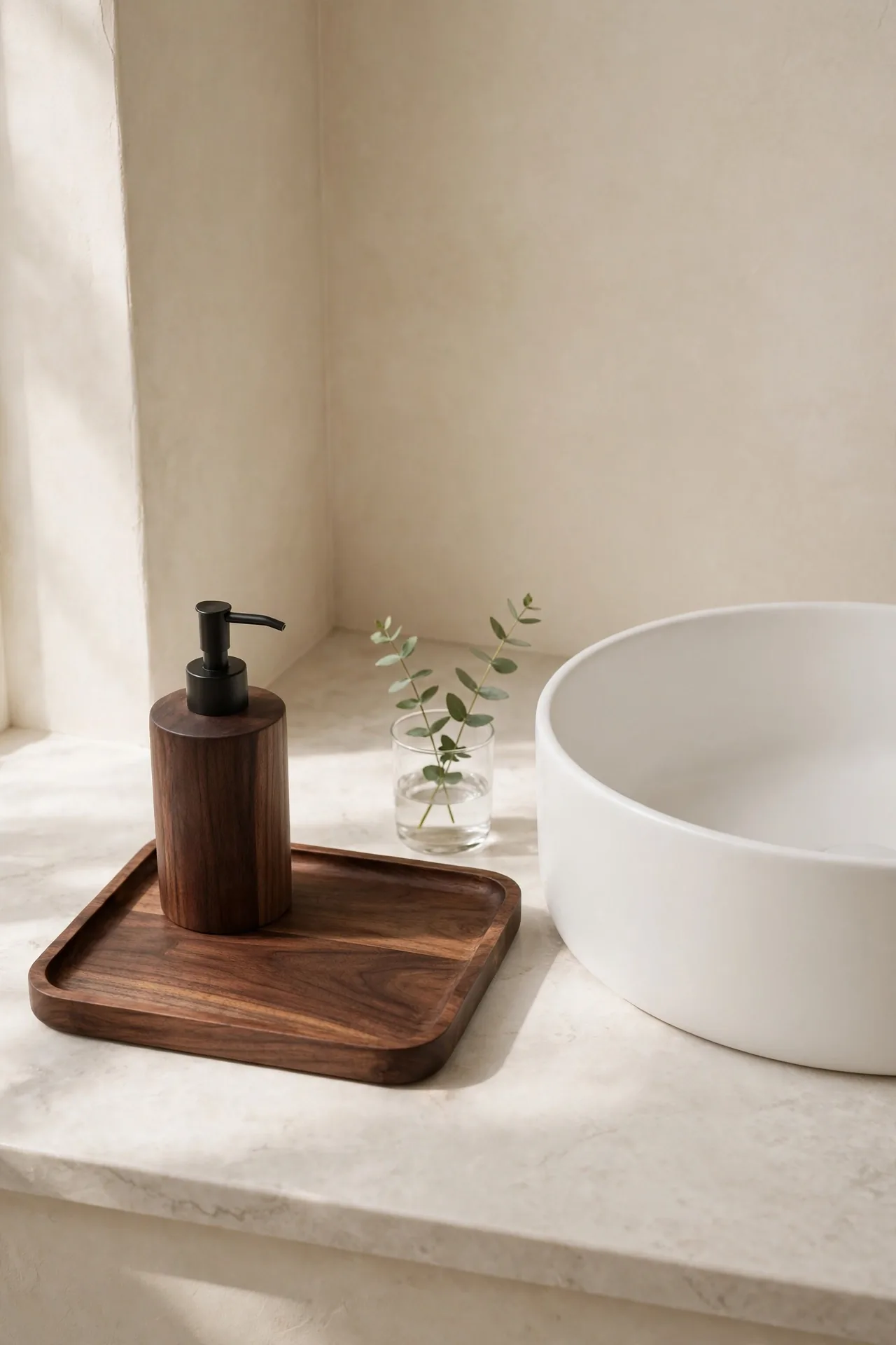 Walnut Soap Dispenser Set for small bathroom decor with natural wood accents