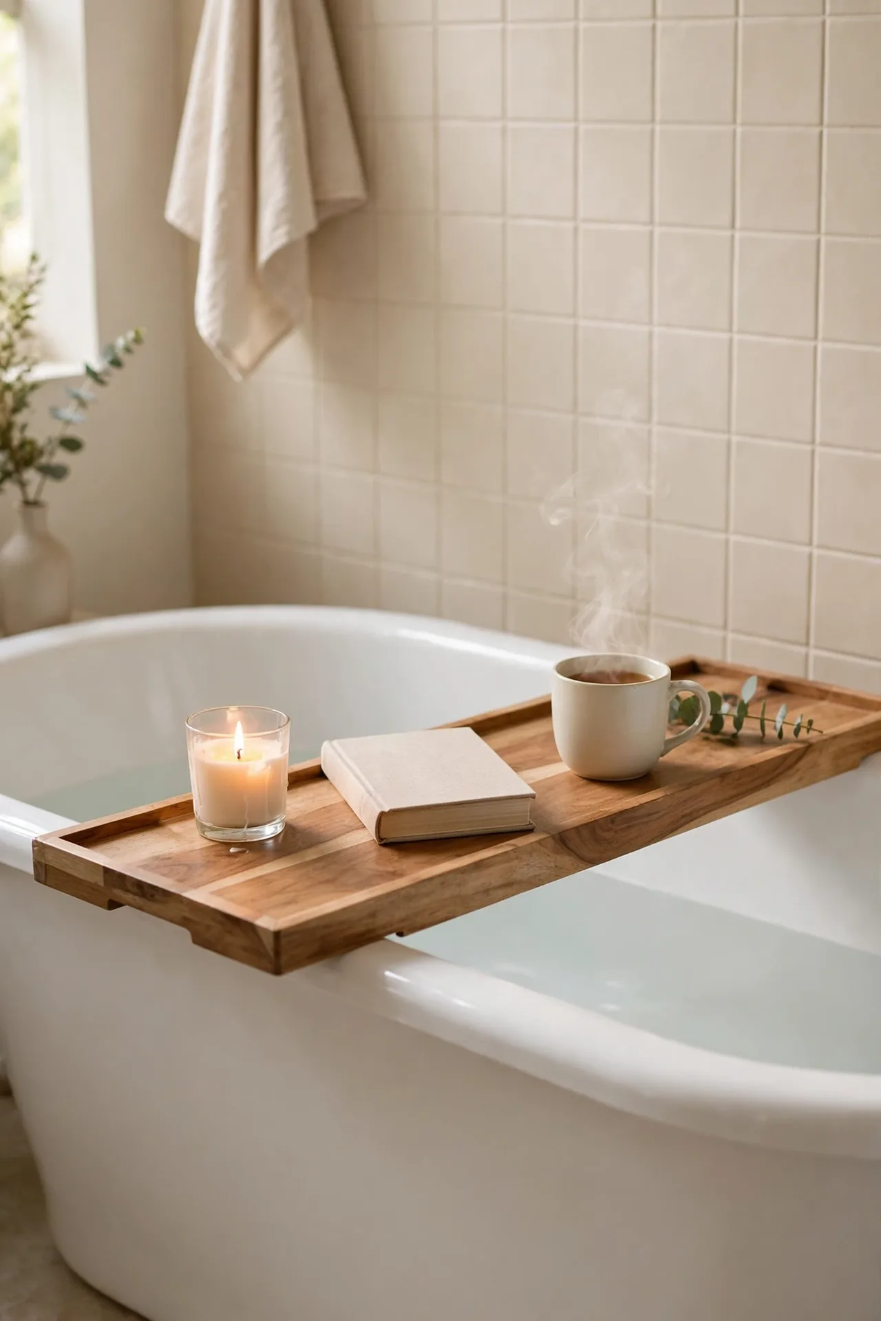 Wooden Bath Tray for small bathroom decor with natural wood accents
