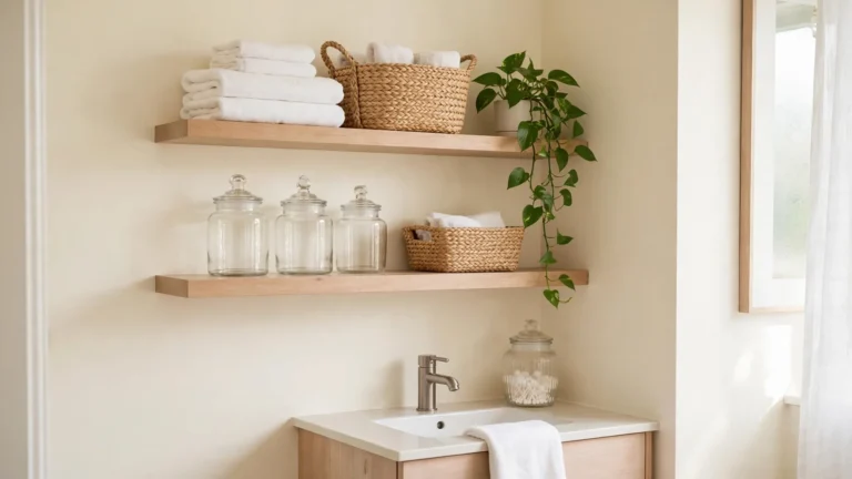 small bathroom decor with floating shelves