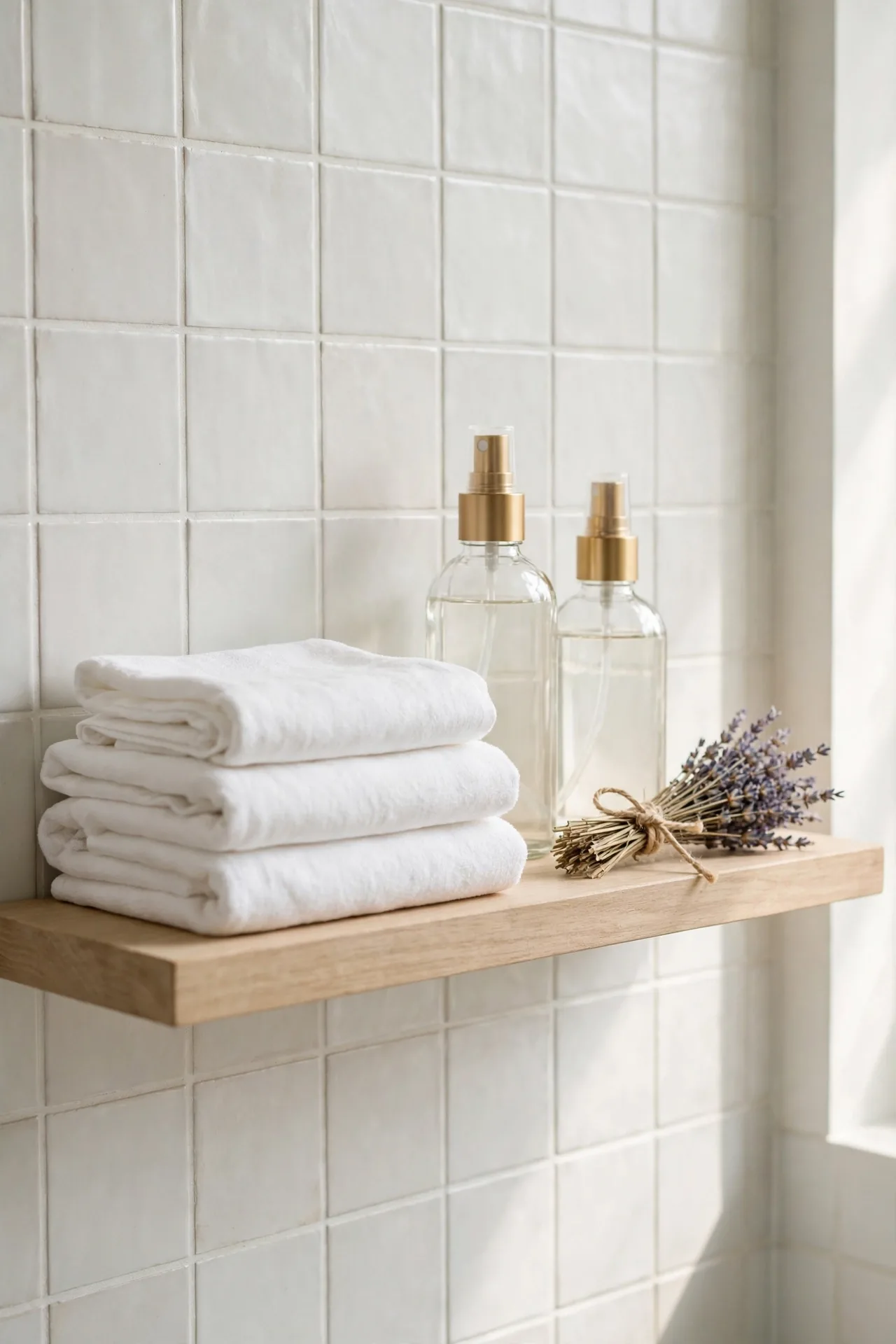 Linen Spray Station for small bathroom decor with floating shelves