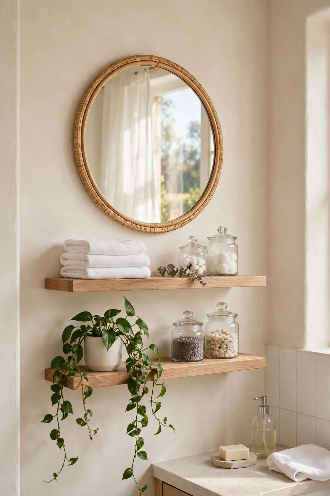 Mirror Above Shelves for small bathroom decor with floating shelves