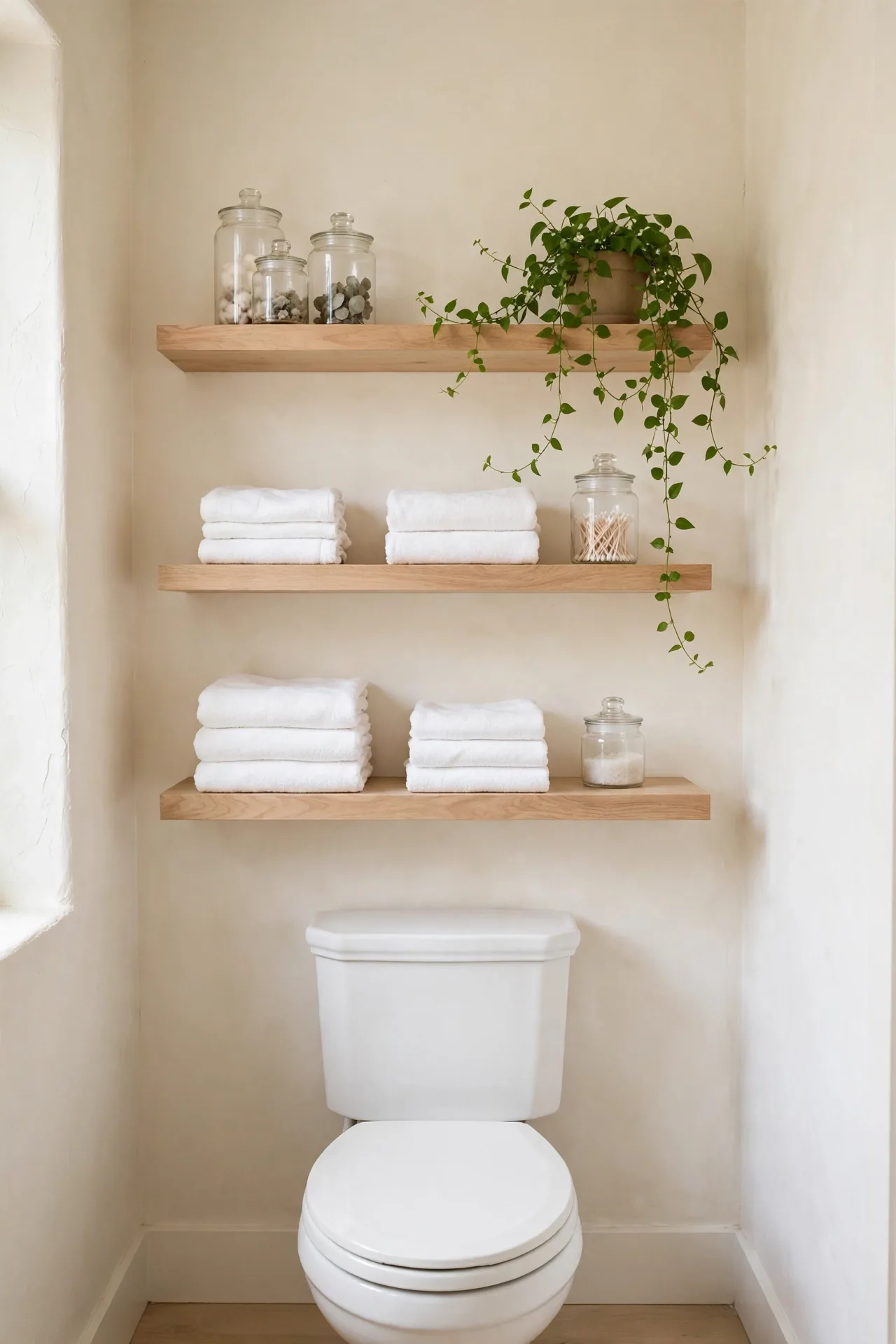 Open Shelf Towers for small bathroom decor with floating shelves