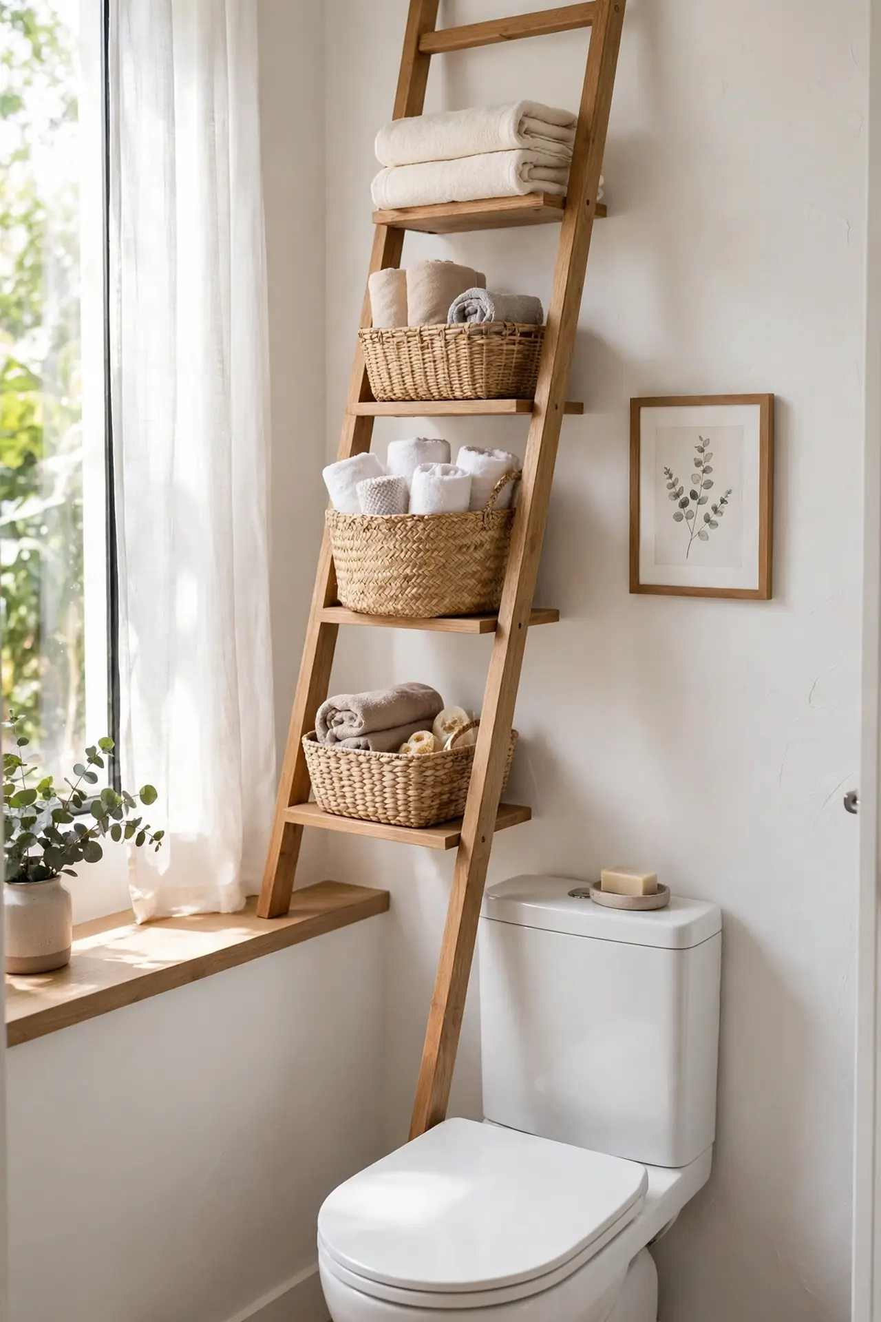 Ladder Shelf Lean with small bathroom over toilet storage ideas