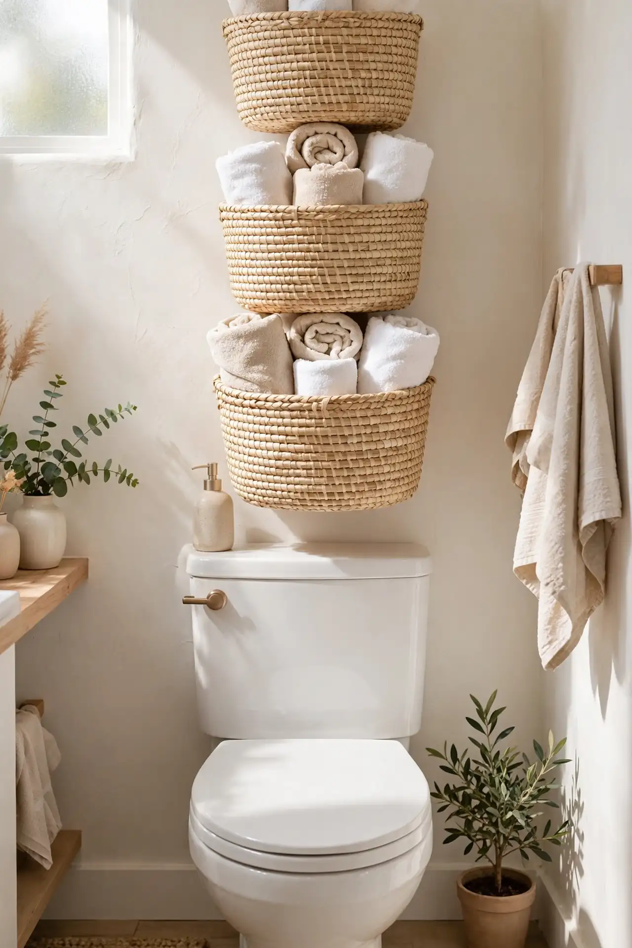 Woven Basket Stack - Small Bathroom Over Toilet Storage Ideas