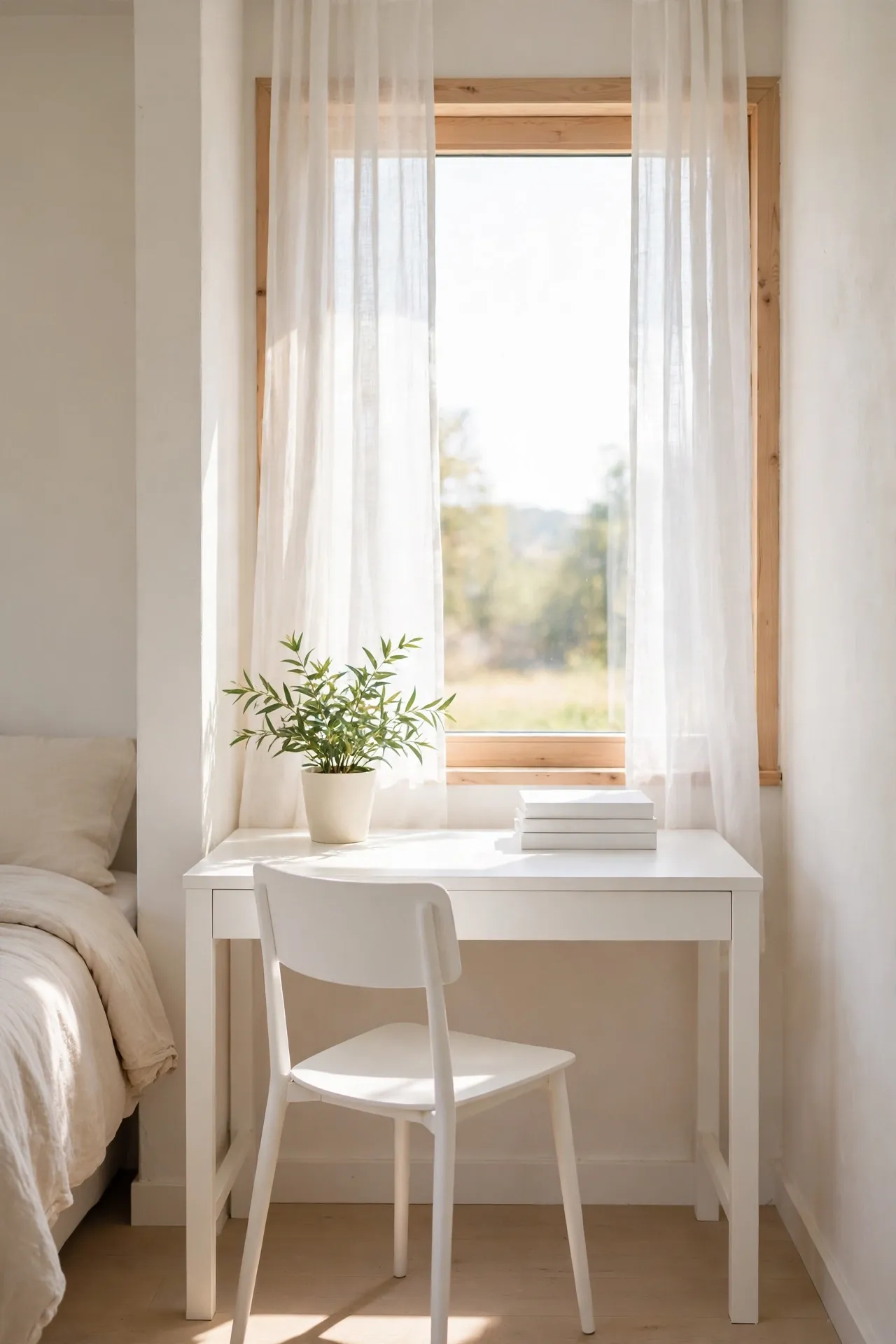 Minimal White Setup for small bedroom decorating ideas with a desk