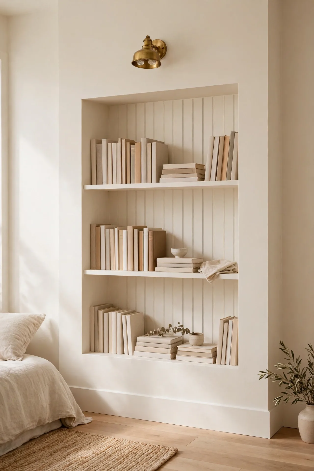 Recessed Bookcase Wall for small bedroom ideas with built in storage
