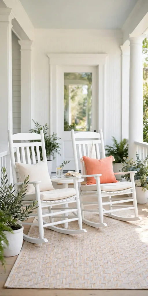 Bright small front porch decorating ideas with seating