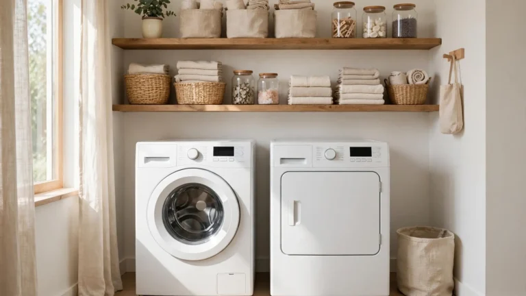 small laundry room decor with open shelving