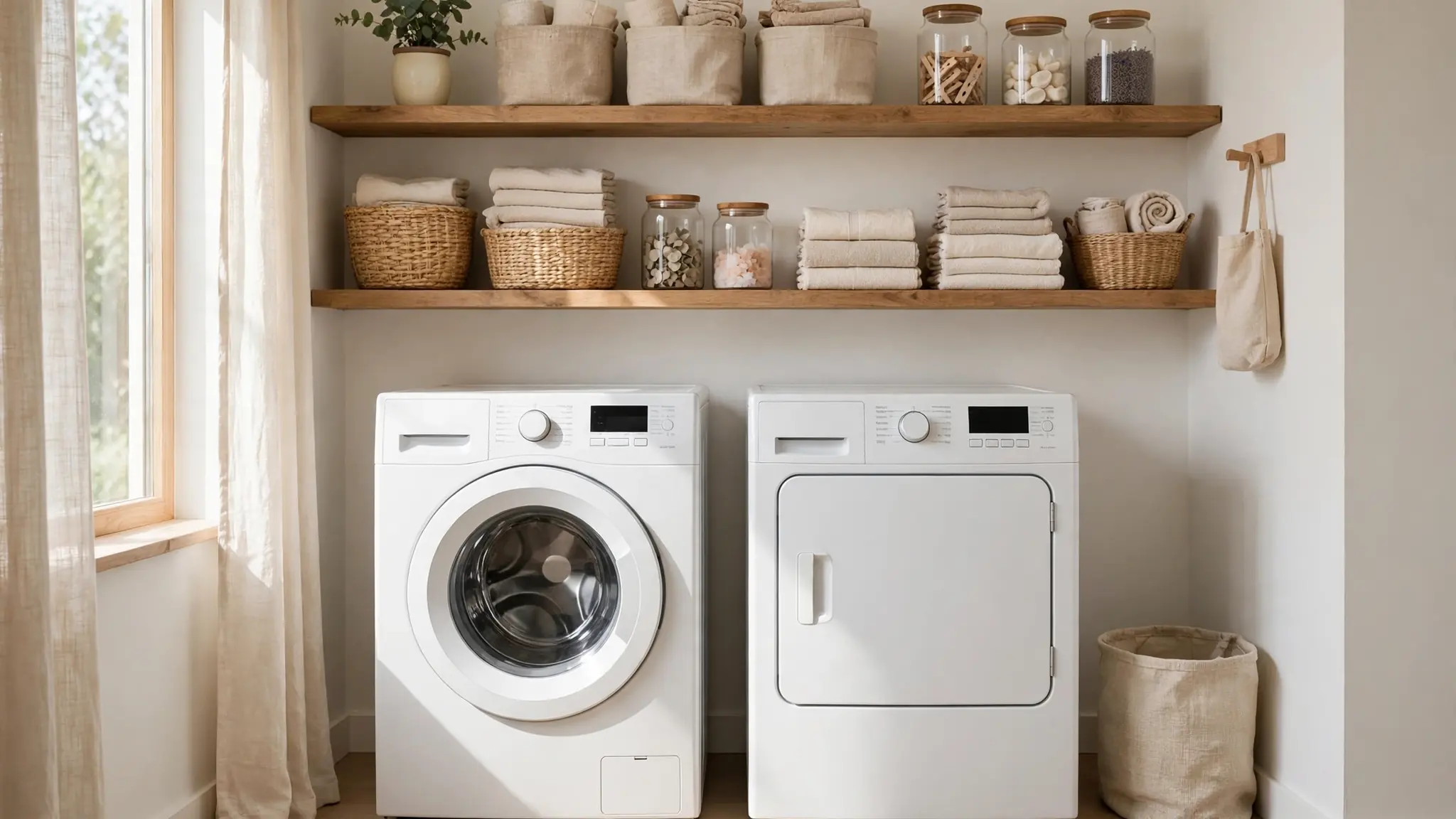 small laundry room decor with open shelving