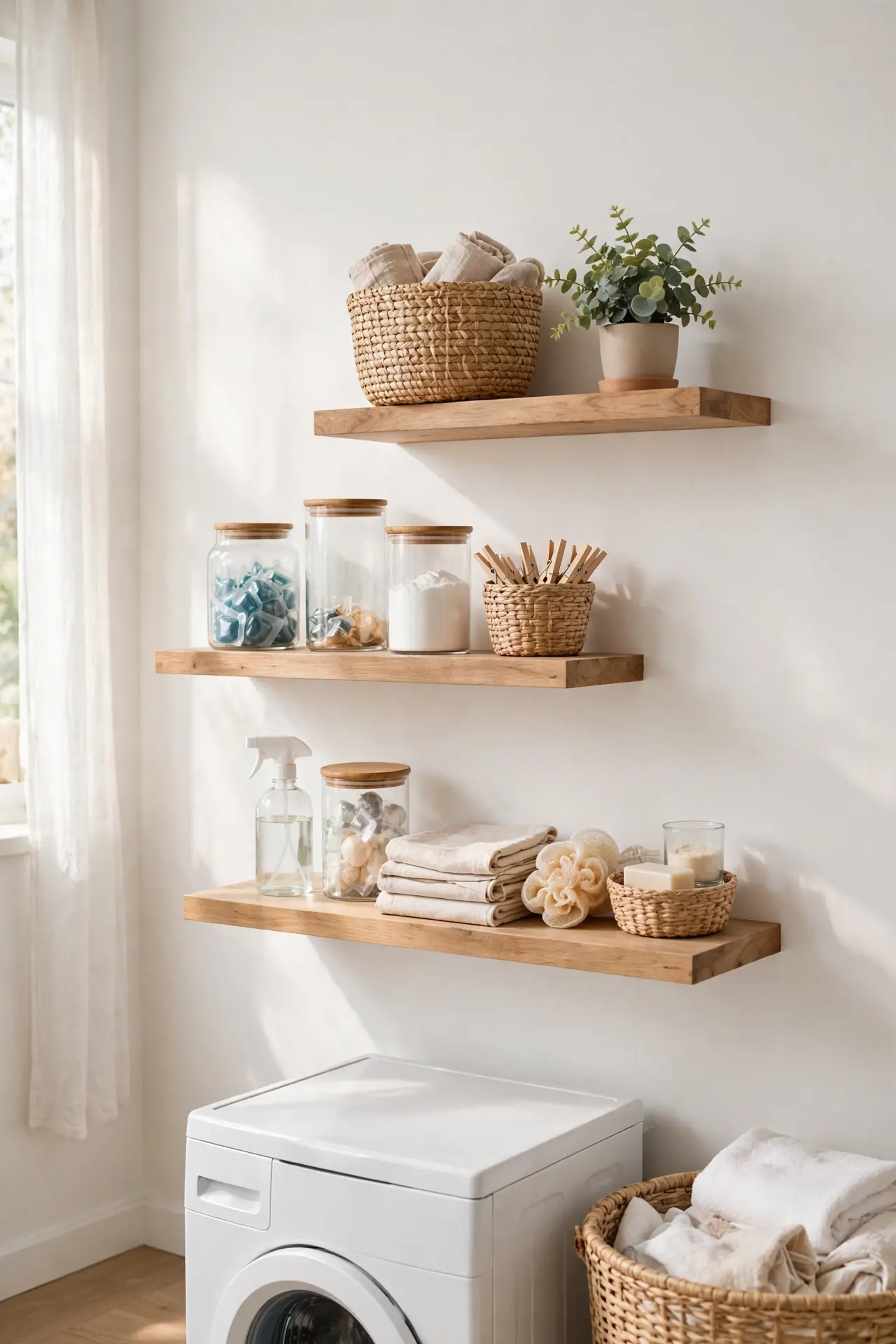 Floating Wood Shelf Trio for small laundry room decor with open shelving