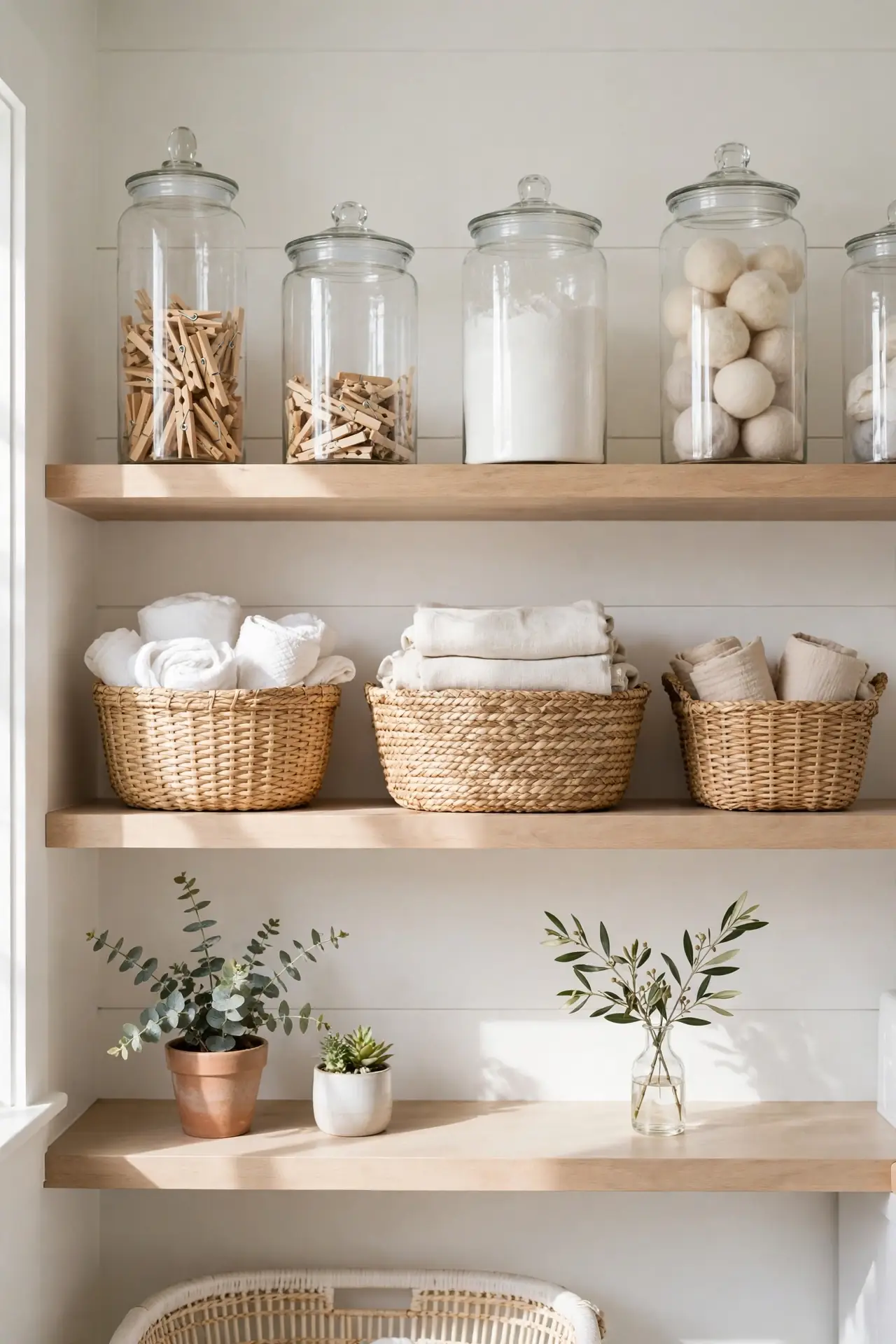 Open Shelf Styling Layers for small laundry room decor with open shelving