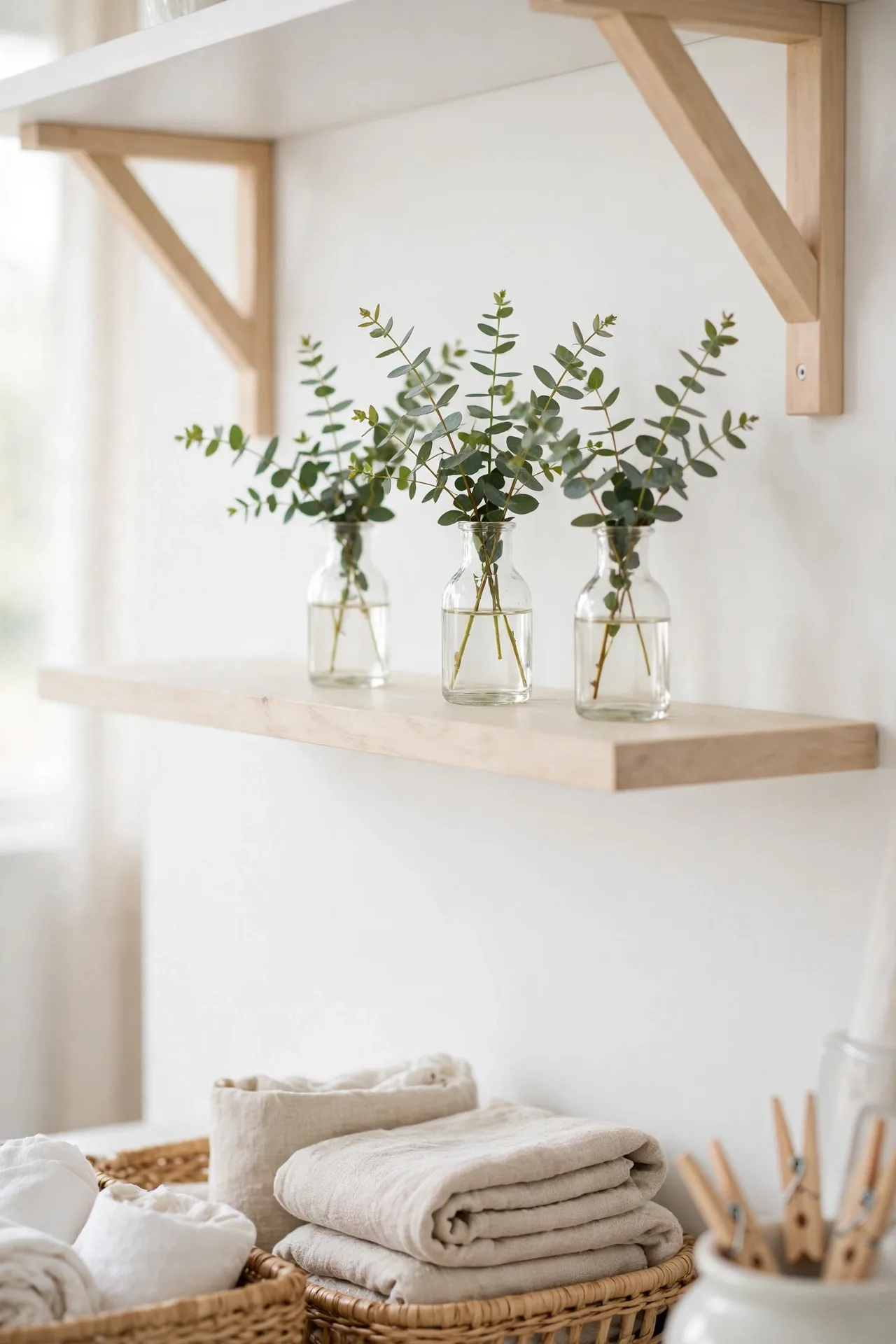 Potted Eucalyptus Sprigs for small laundry room decor with open shelving