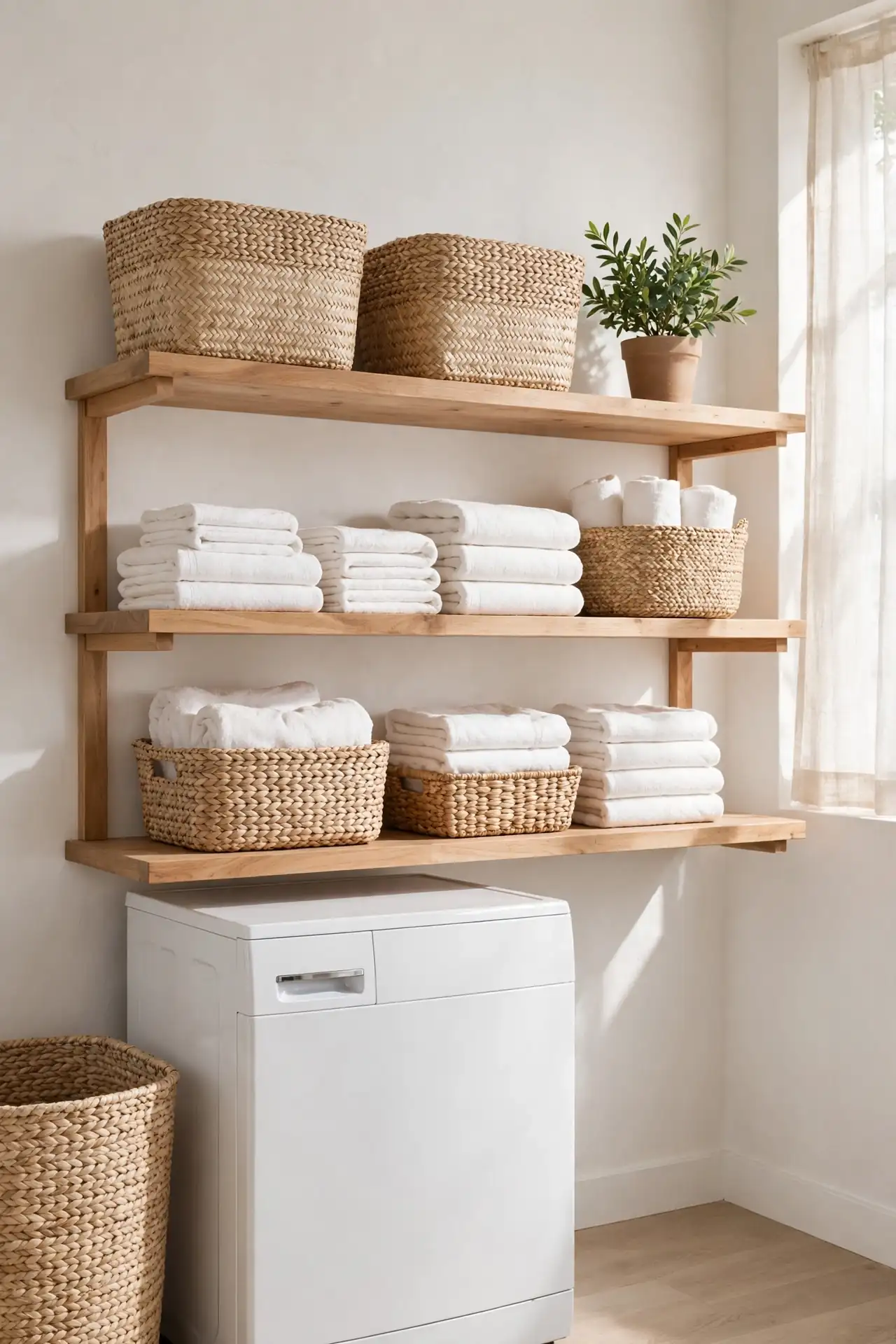 Woven Linen Baskets for small laundry room decor with open shelving