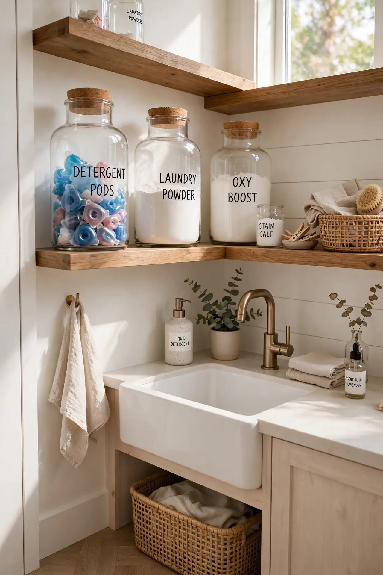 Labelled Detergent Jars - Small Laundry Room Organization Ideas