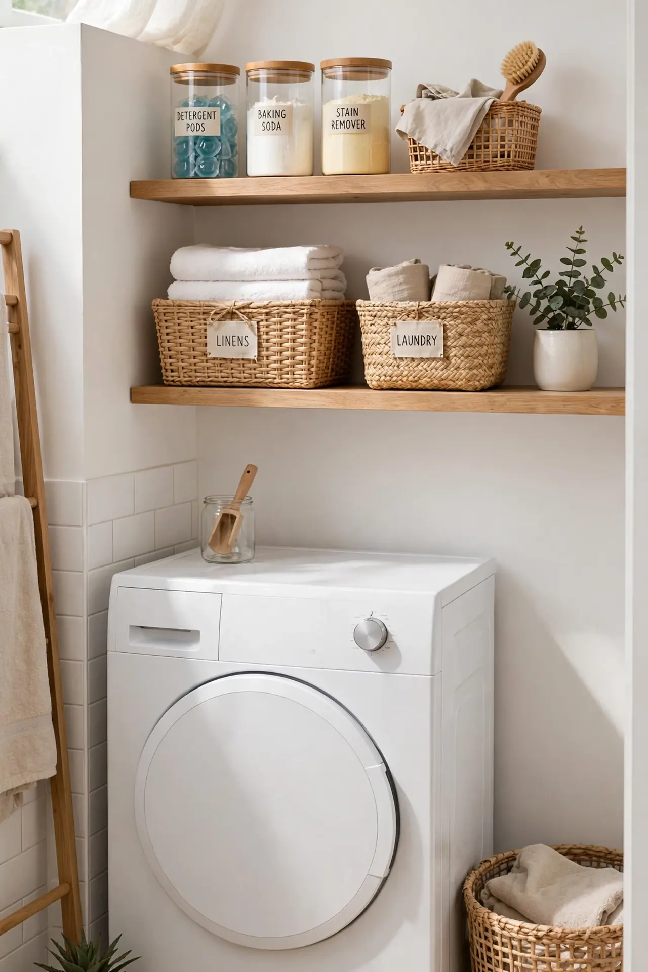 Over-Washer Shelving for small laundry room organization ideas