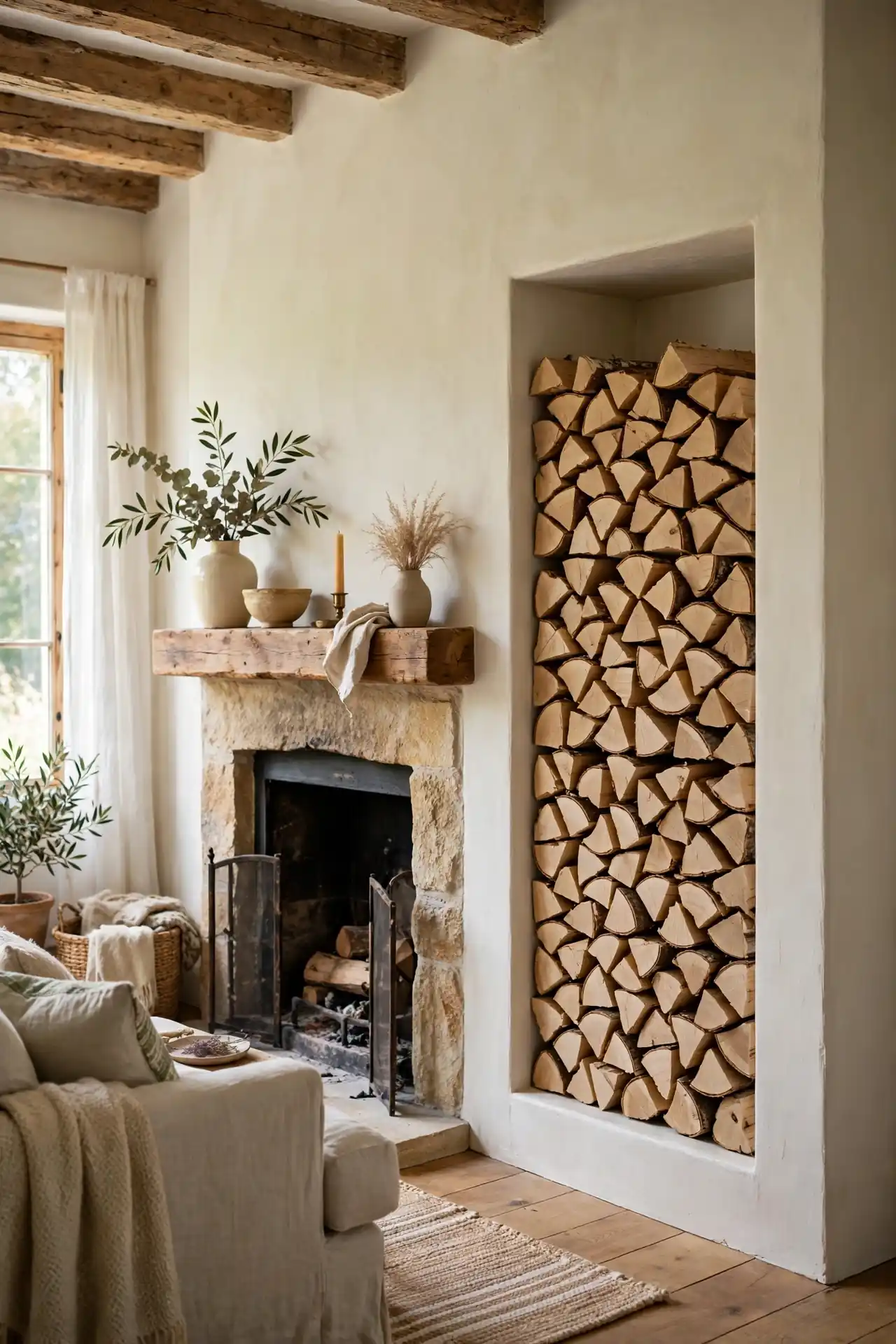 Built-in Firewood Niche with small living room decor ideas with fireplace