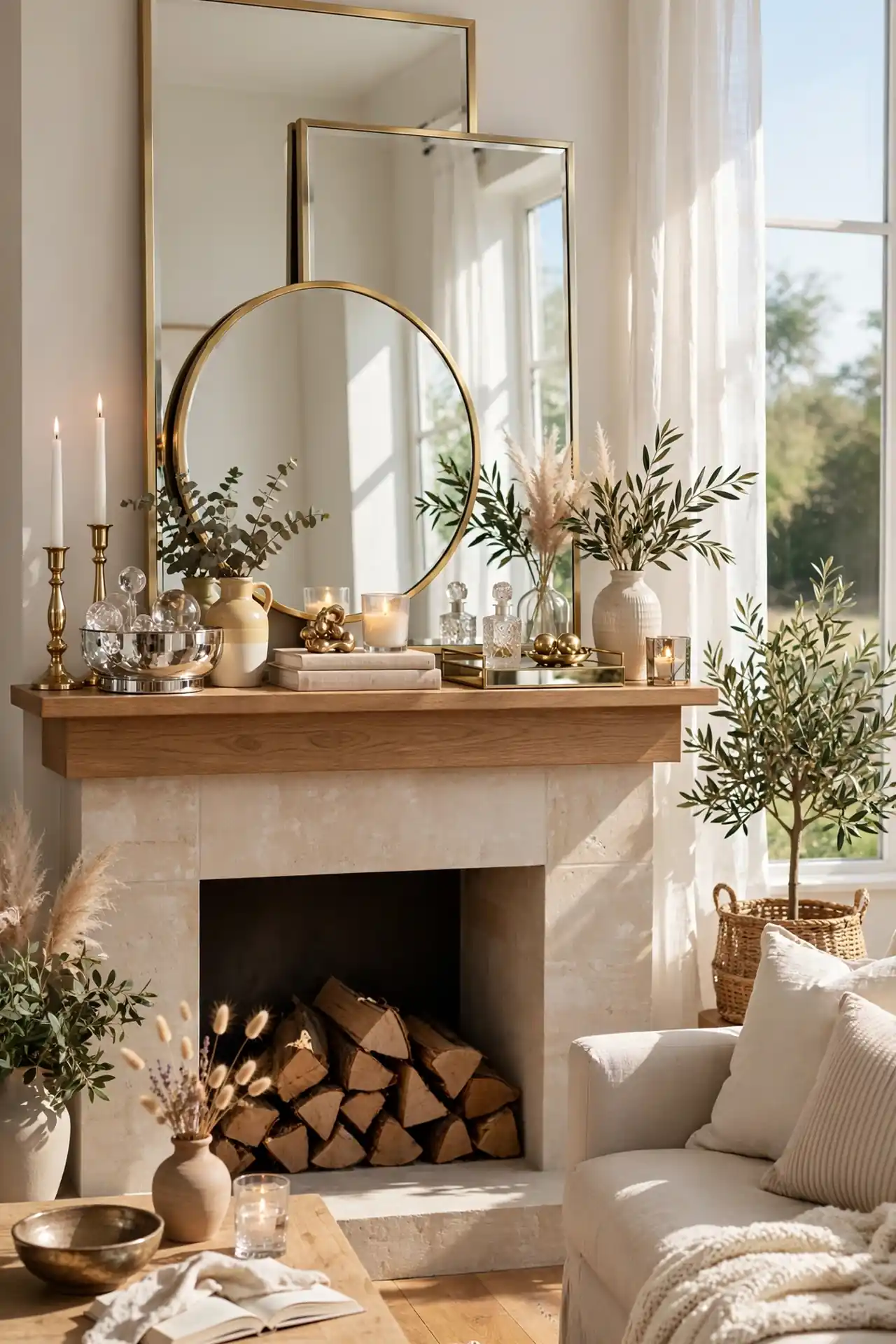 Mantel Mirror Layering for small living room decor ideas with fireplace