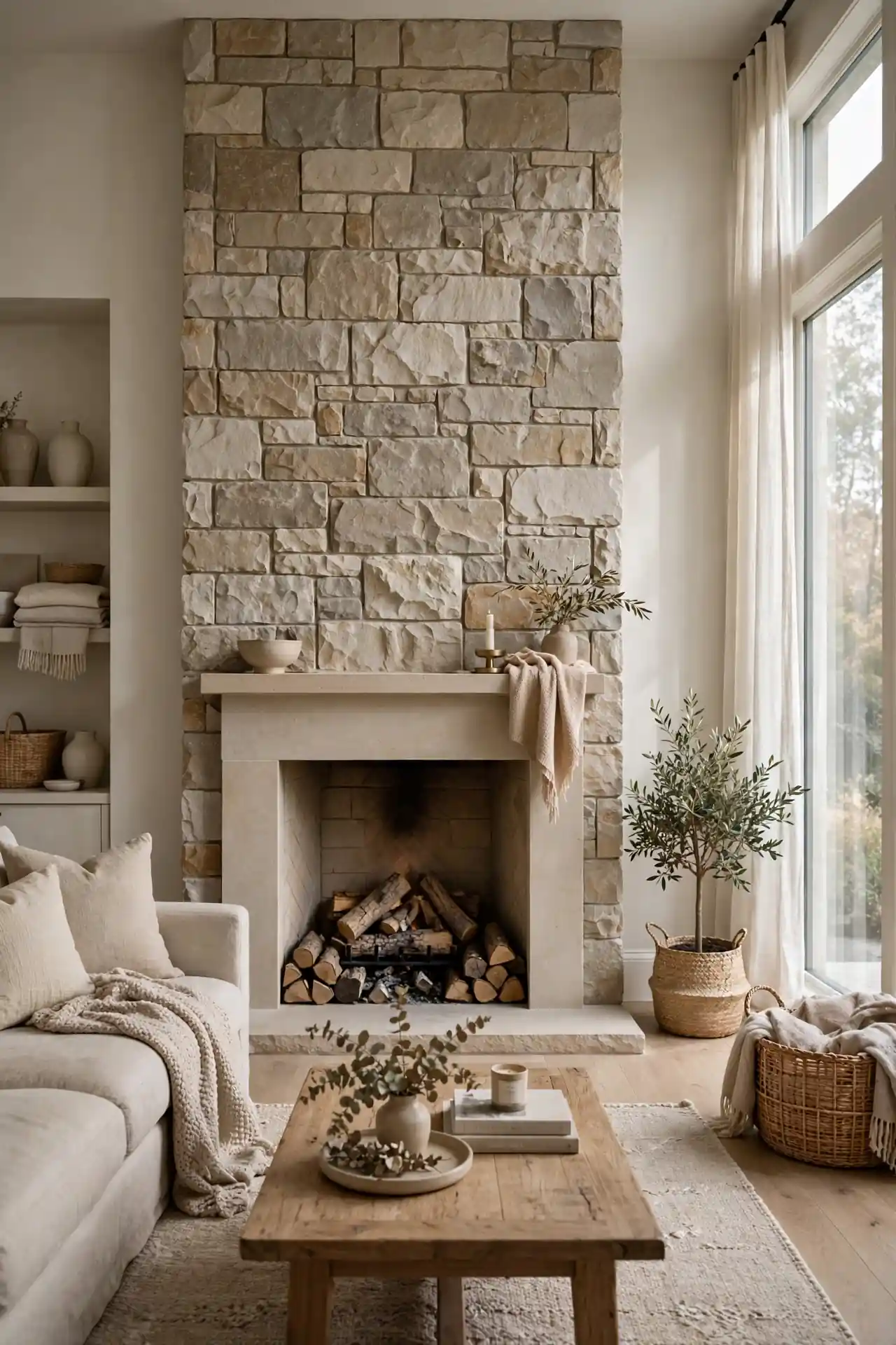 Neutral Stone Surround - Small Living Room Decor Ideas With Fireplace