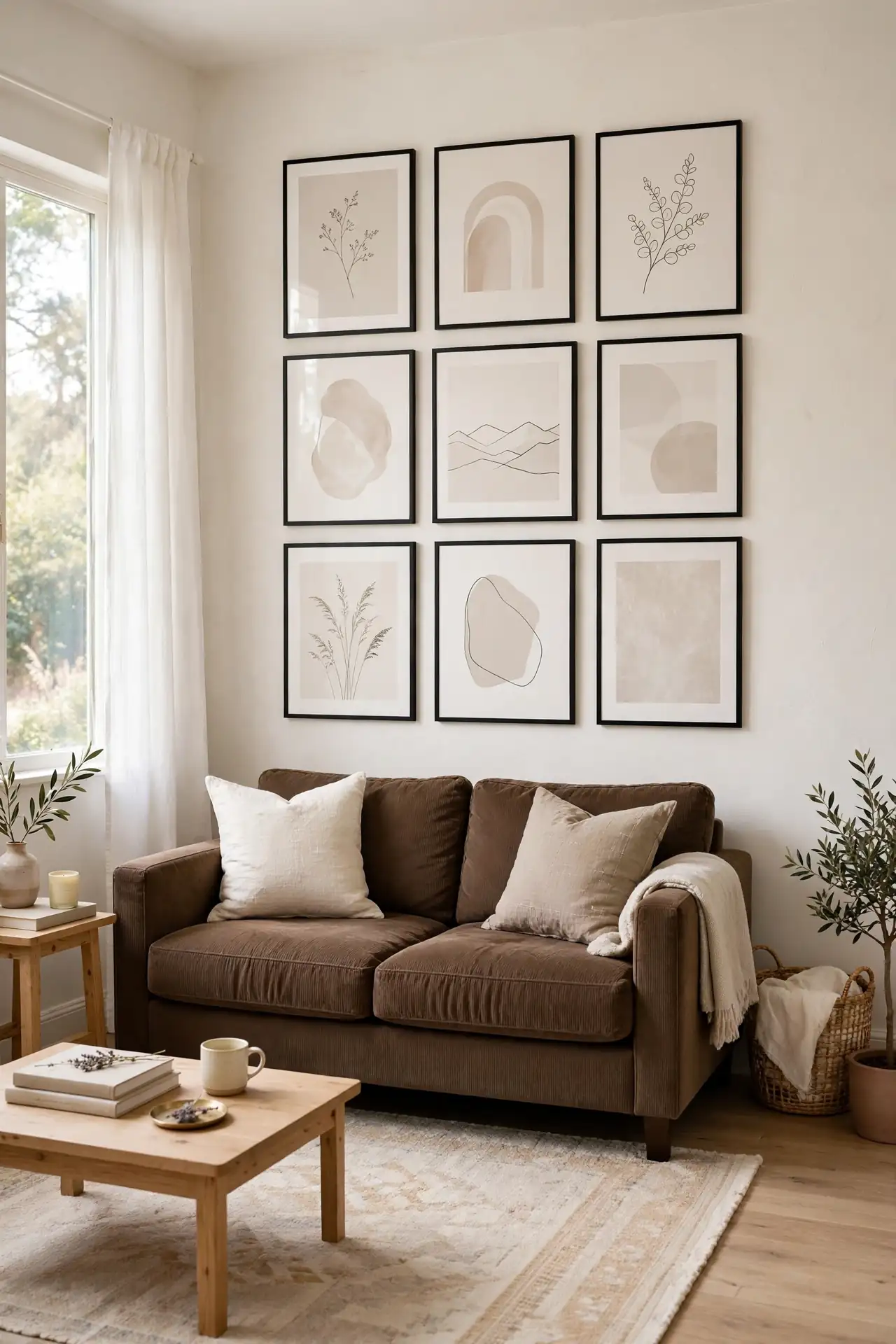 Gallery Wall Balance - Small Living Room Decor Ideas With a Brown Couch
