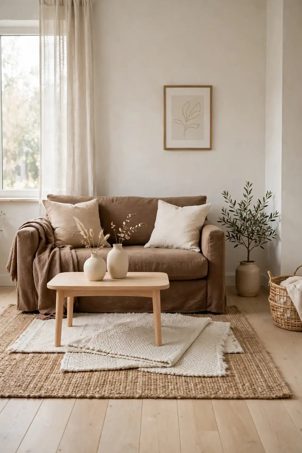 Layered Jute Rugs - Small Living Room Decor Ideas With a Brown Couch