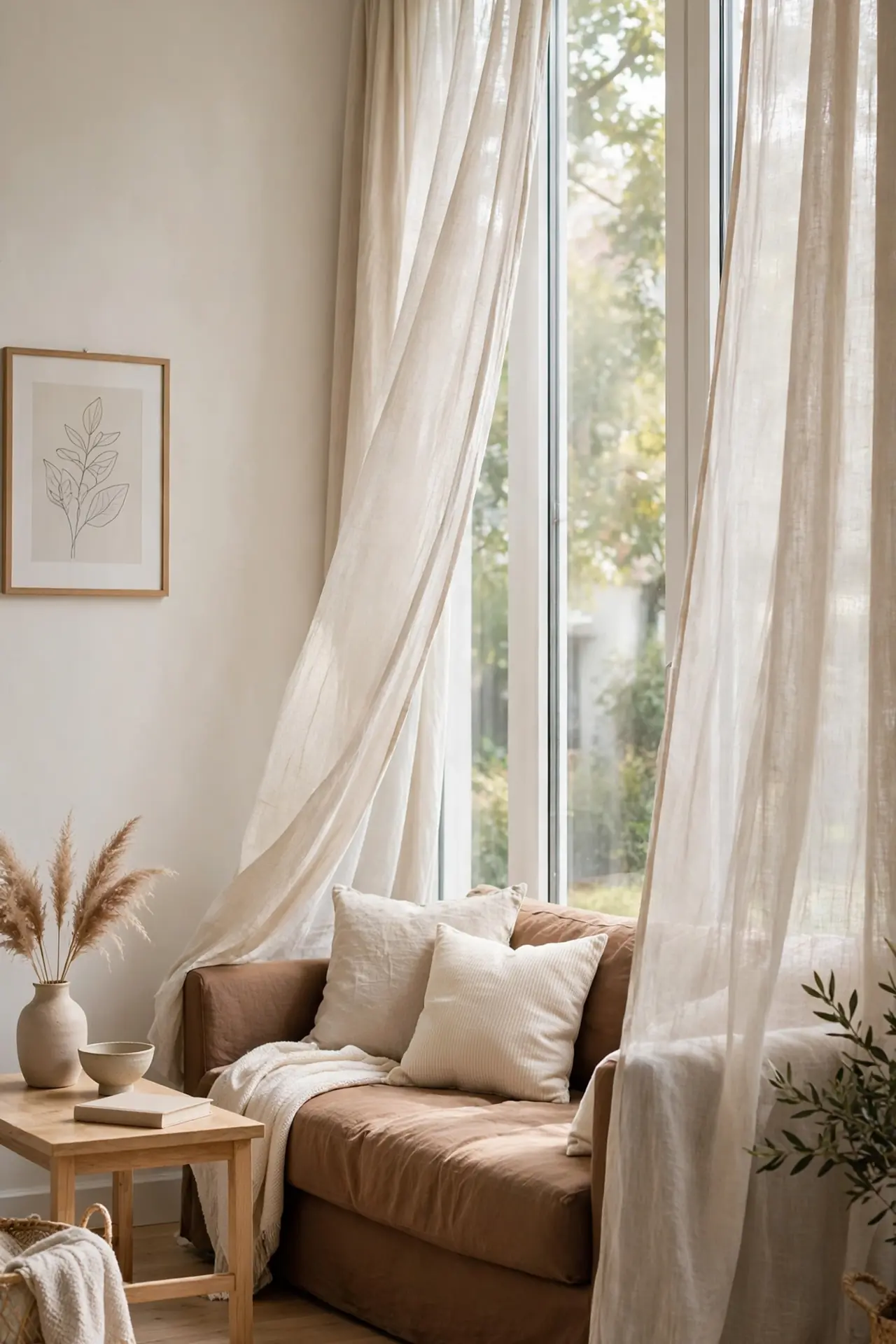 Soft Linen Curtains - Small Living Room Decor Ideas With a Brown Couch
