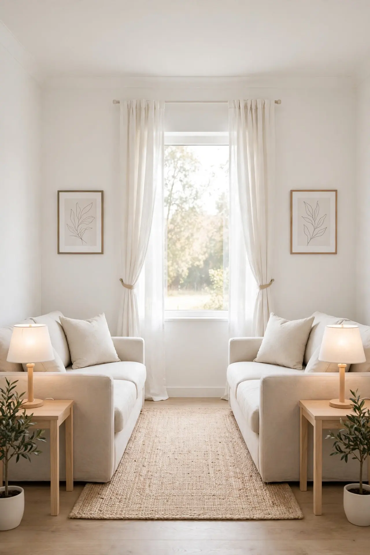 Balanced Symmetry Close for small living room layout with two sofas