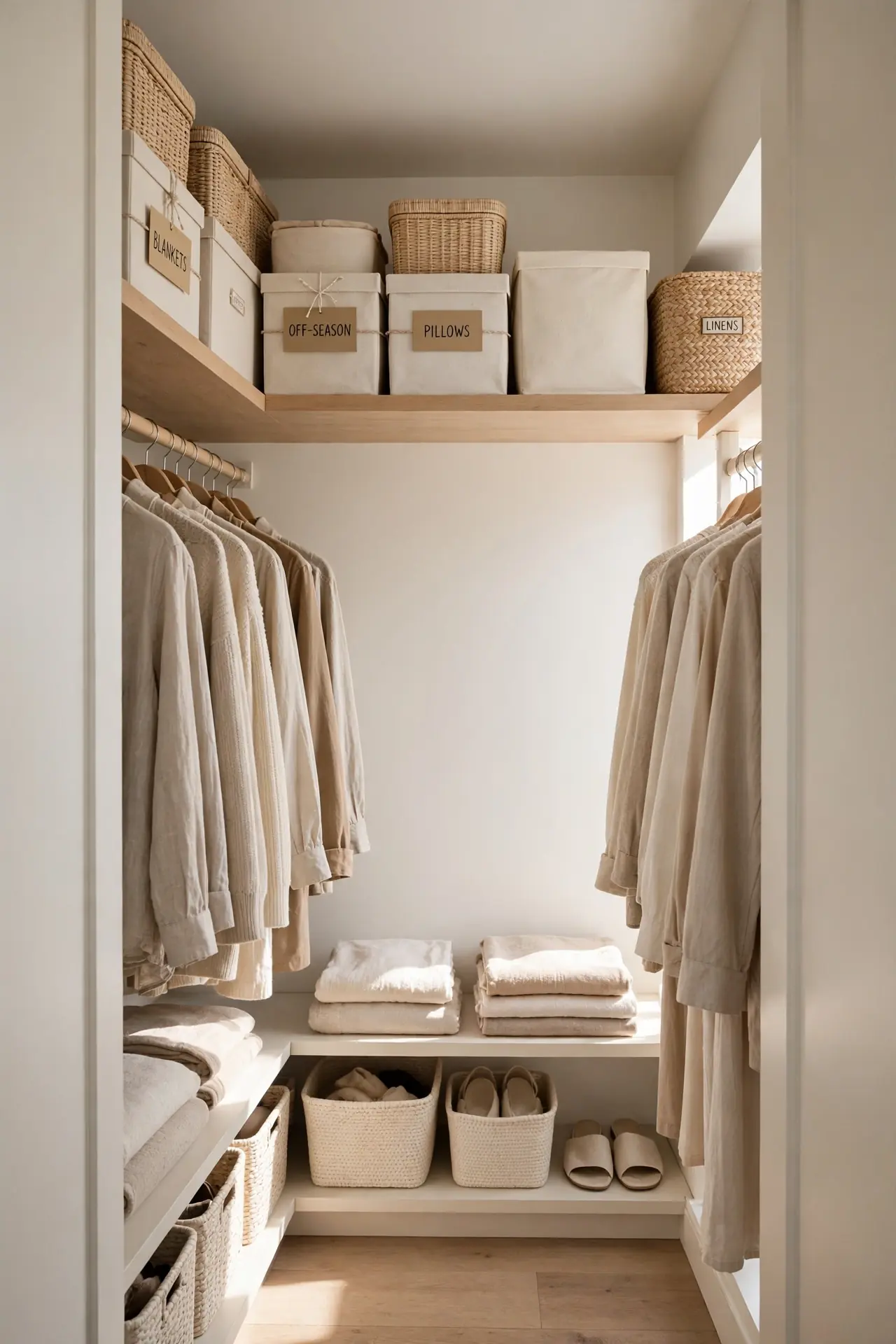 Ceiling Shelf Run for small walk in closet organization ideas