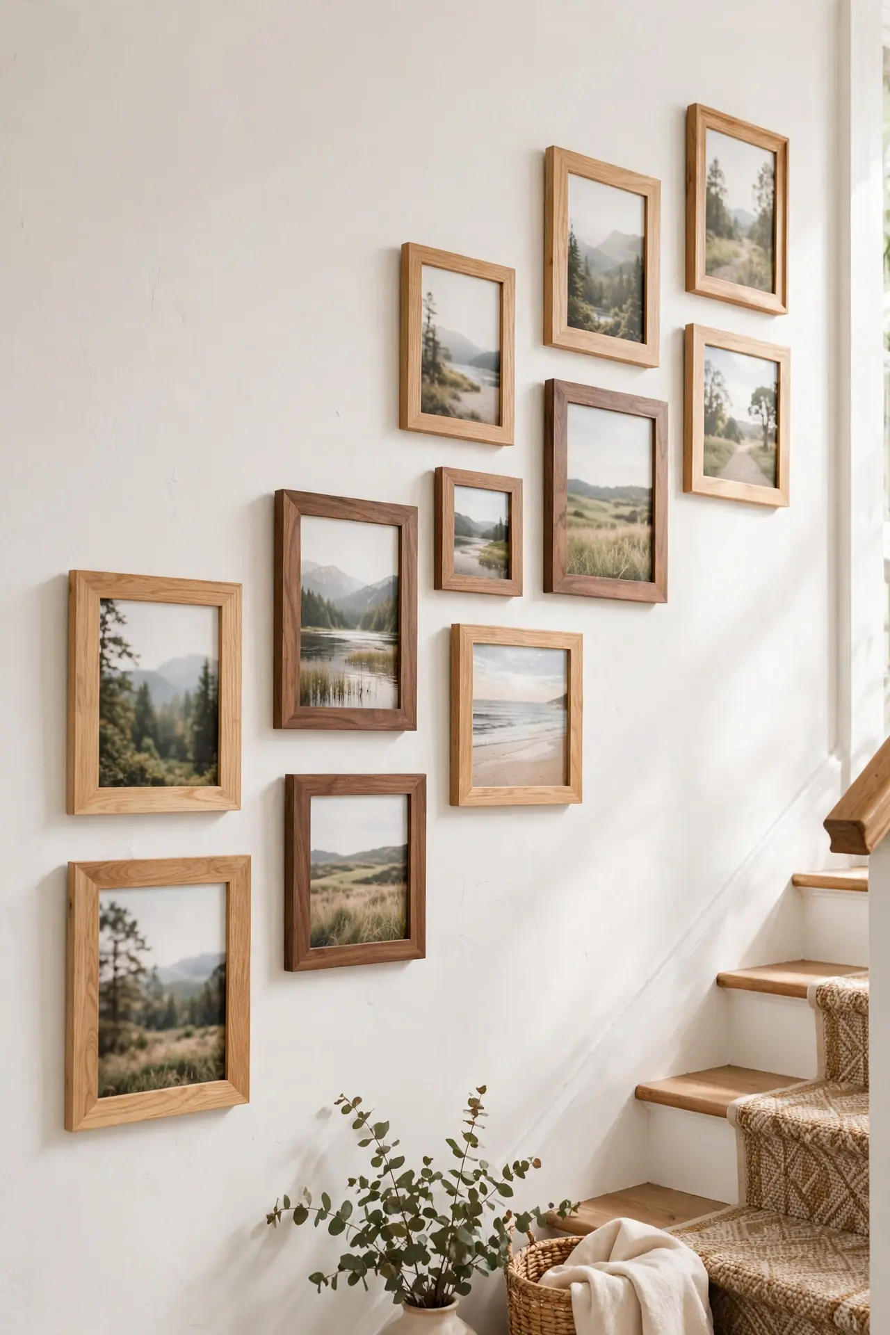 Natural wood frames for staircase wall decorating ideas with family photos