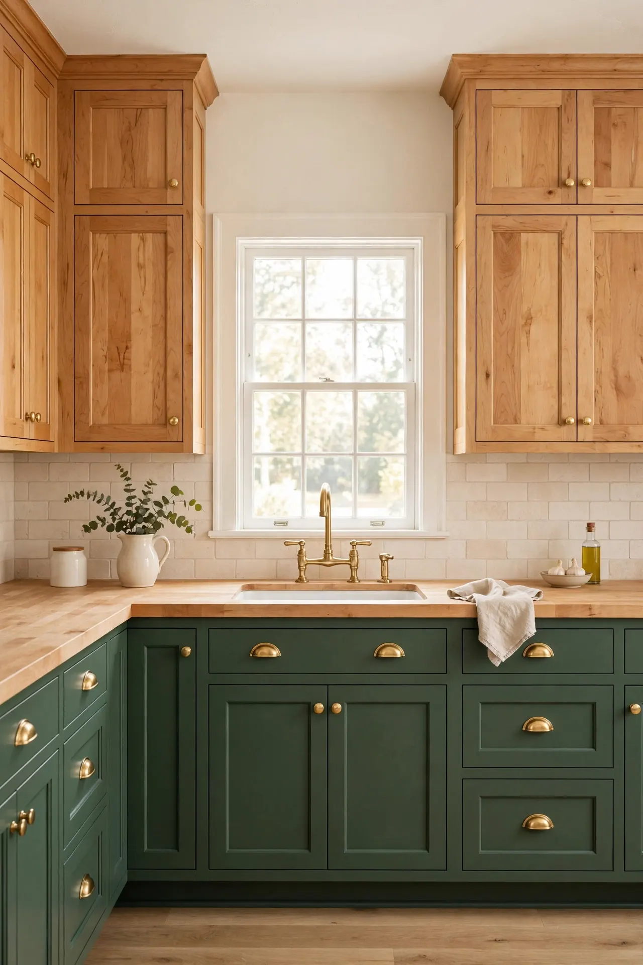 Hunter Green and Honey Maple two tone kitchen cabinet color combinations