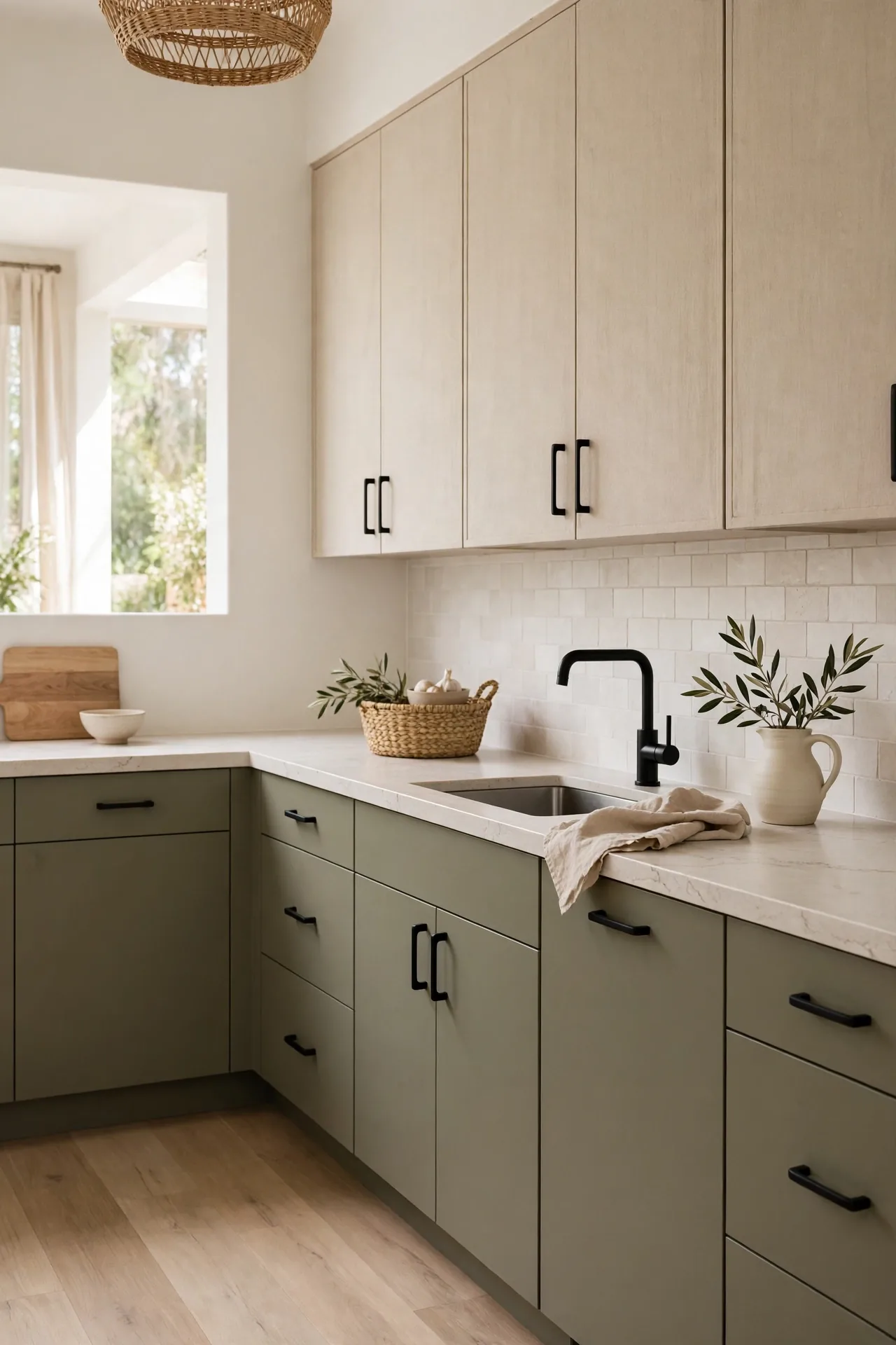 Olive and Linen two tone kitchen cabinet color combinations