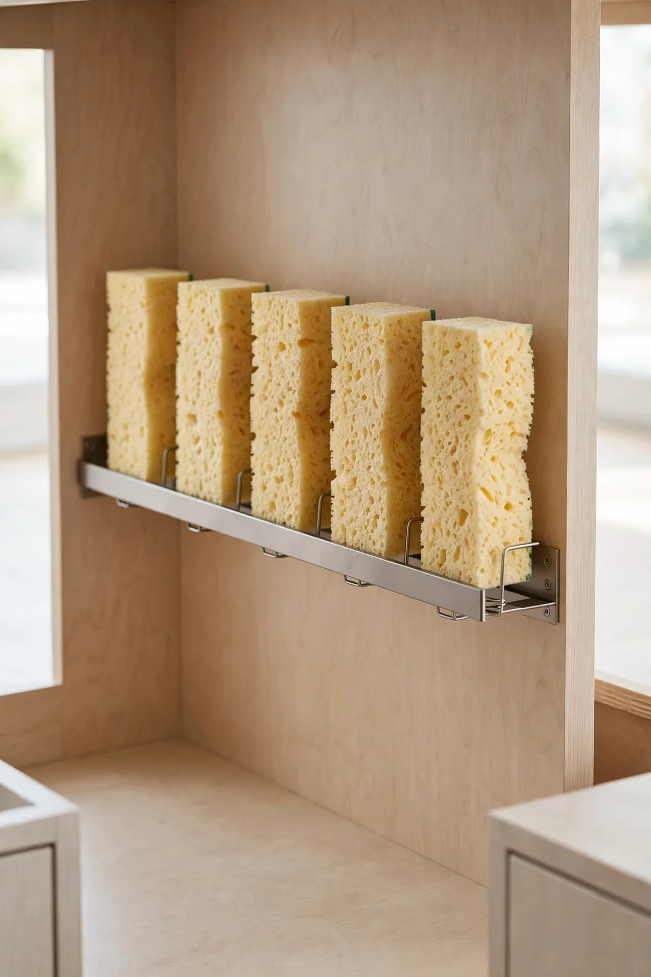 Sponge Holder Rail for under sink kitchen organization ideas