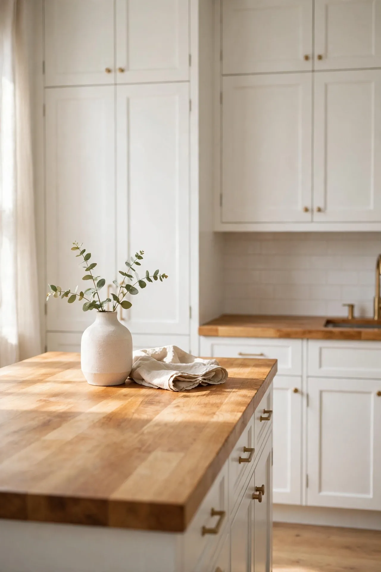 Butcher Block Warmth for white kitchen cabinets with wood countertops