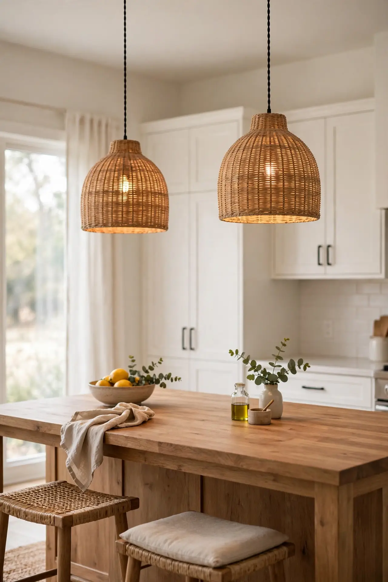 Pendant Light Pair - white kitchen cabinets with wood countertops