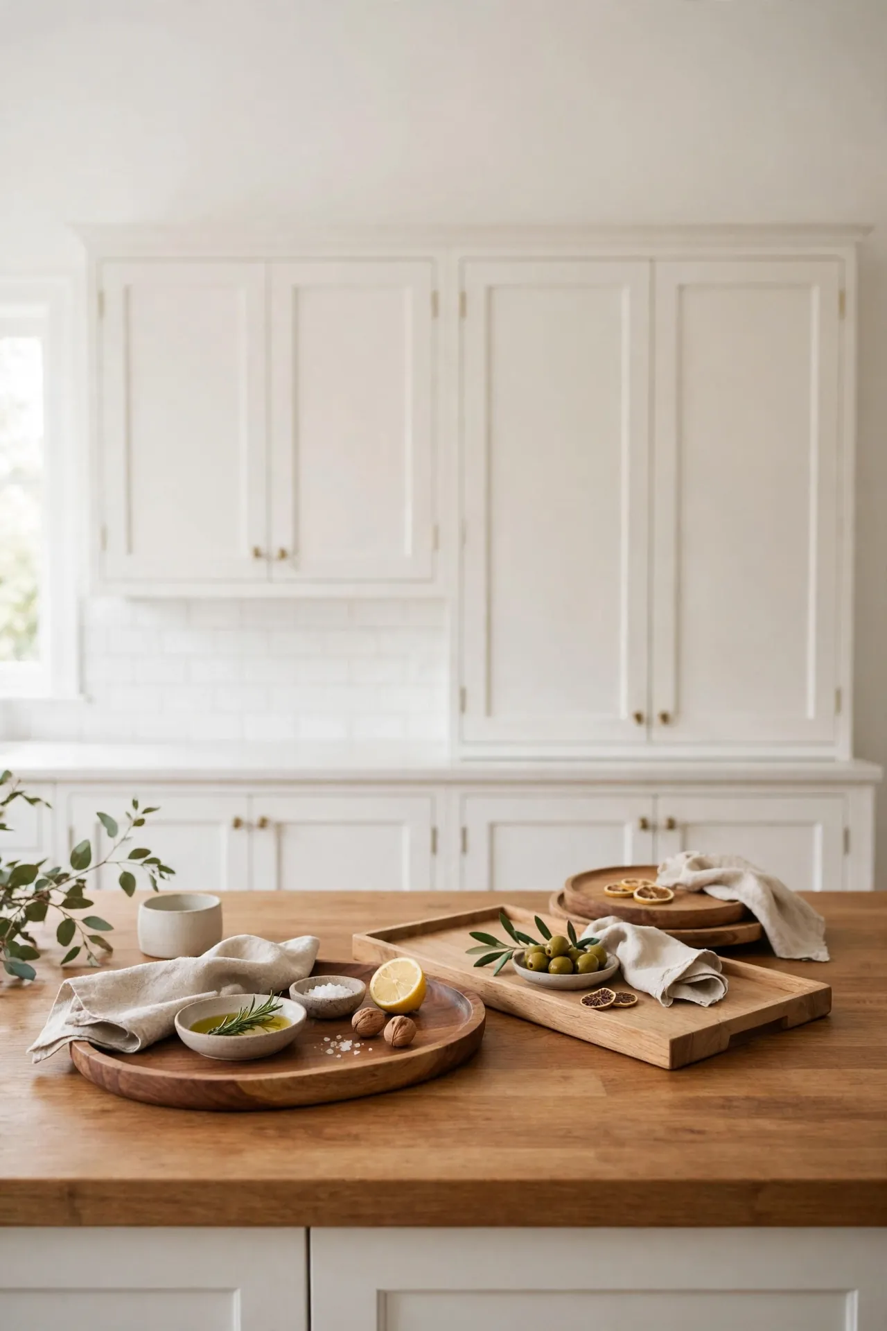 Wooden Serving Trays for white kitchen cabinets with wood countertops